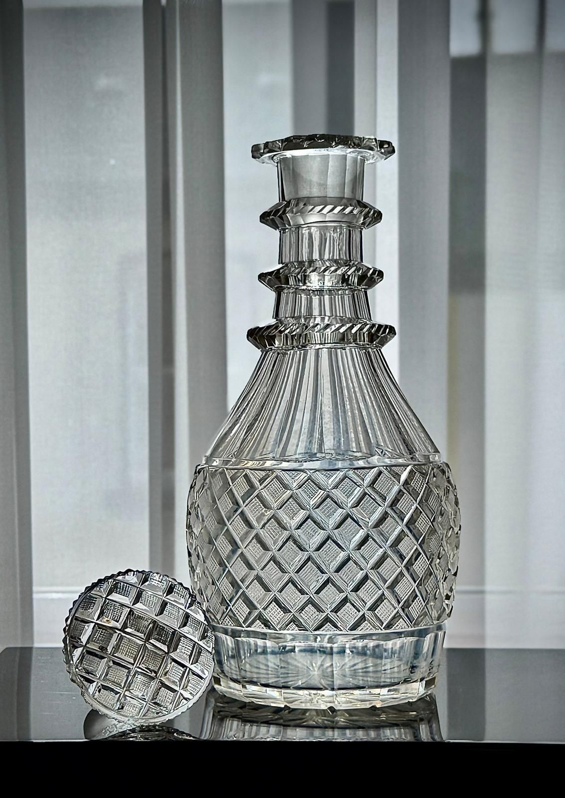 photo buy Georgian Hand Cut Glass Decanter, Strawberry Diamond & Fluted Design, C.1820–1835