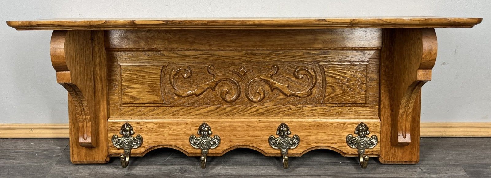 French Vintage Coat Rack Oak 4 Hooks Wall Shelf Carved Coat Hanger Lot 4239 photo furniture
