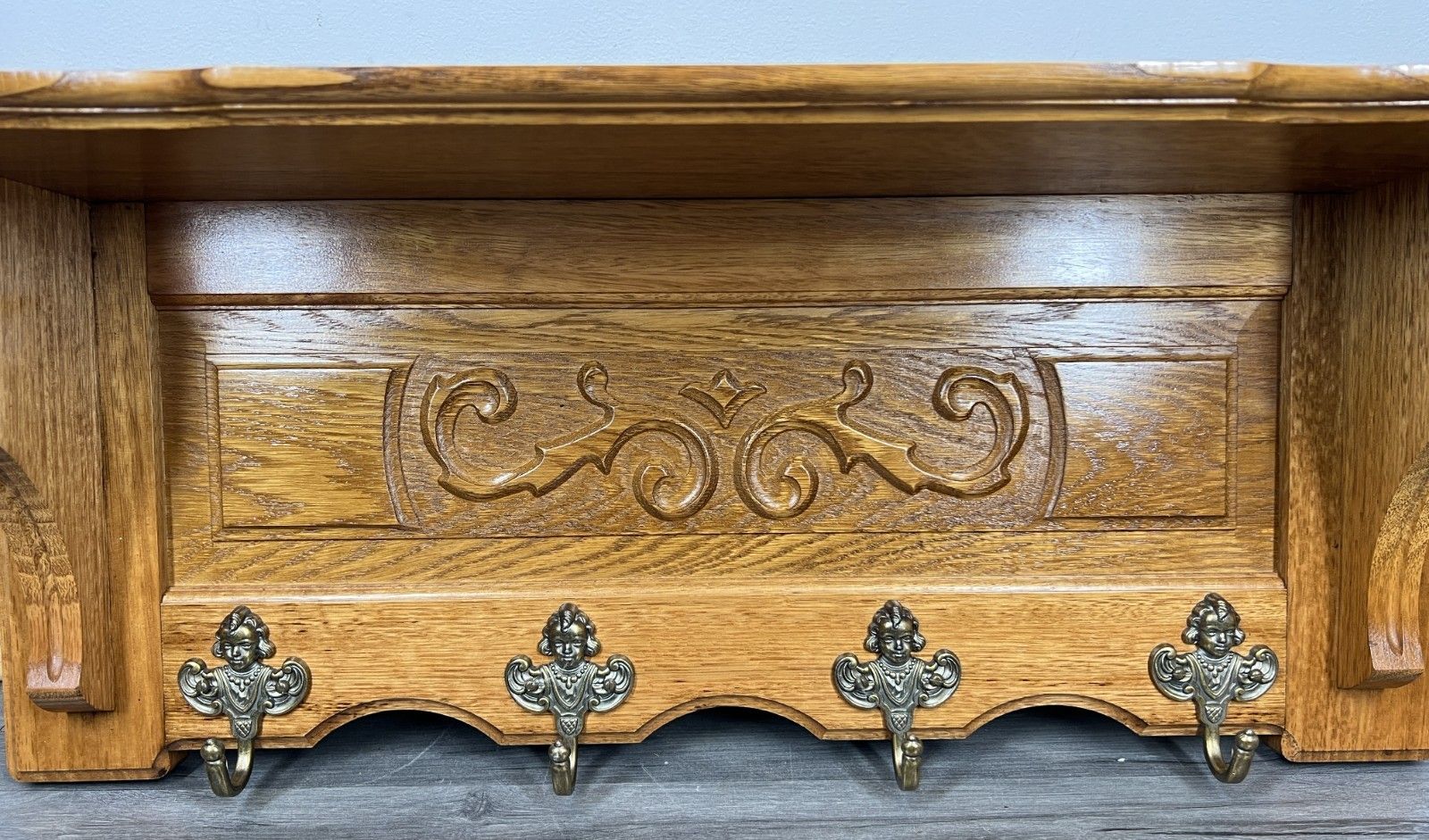 French Vintage Coat Rack Oak 4 Hooks Wall Shelf Carved Coat Hanger Lot 4239 photo Furniture