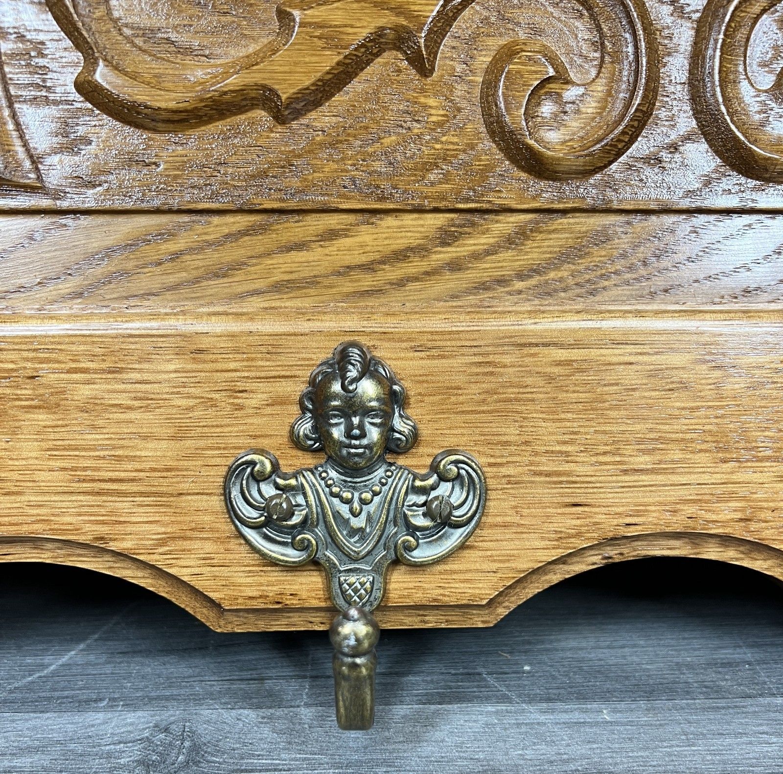 French Vintage Coat Rack Oak 4 Hooks Wall Shelf Carved Coat Hanger Lot 4239 photo vinterior