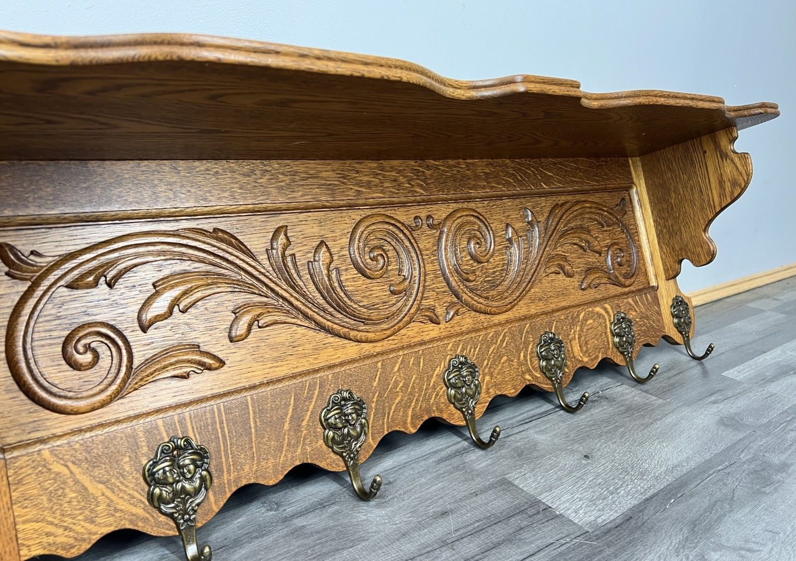 French Vintage Coat Rack Oak 7 Hooks Ornate Wall Shelf Carved Coat Lot 4238
