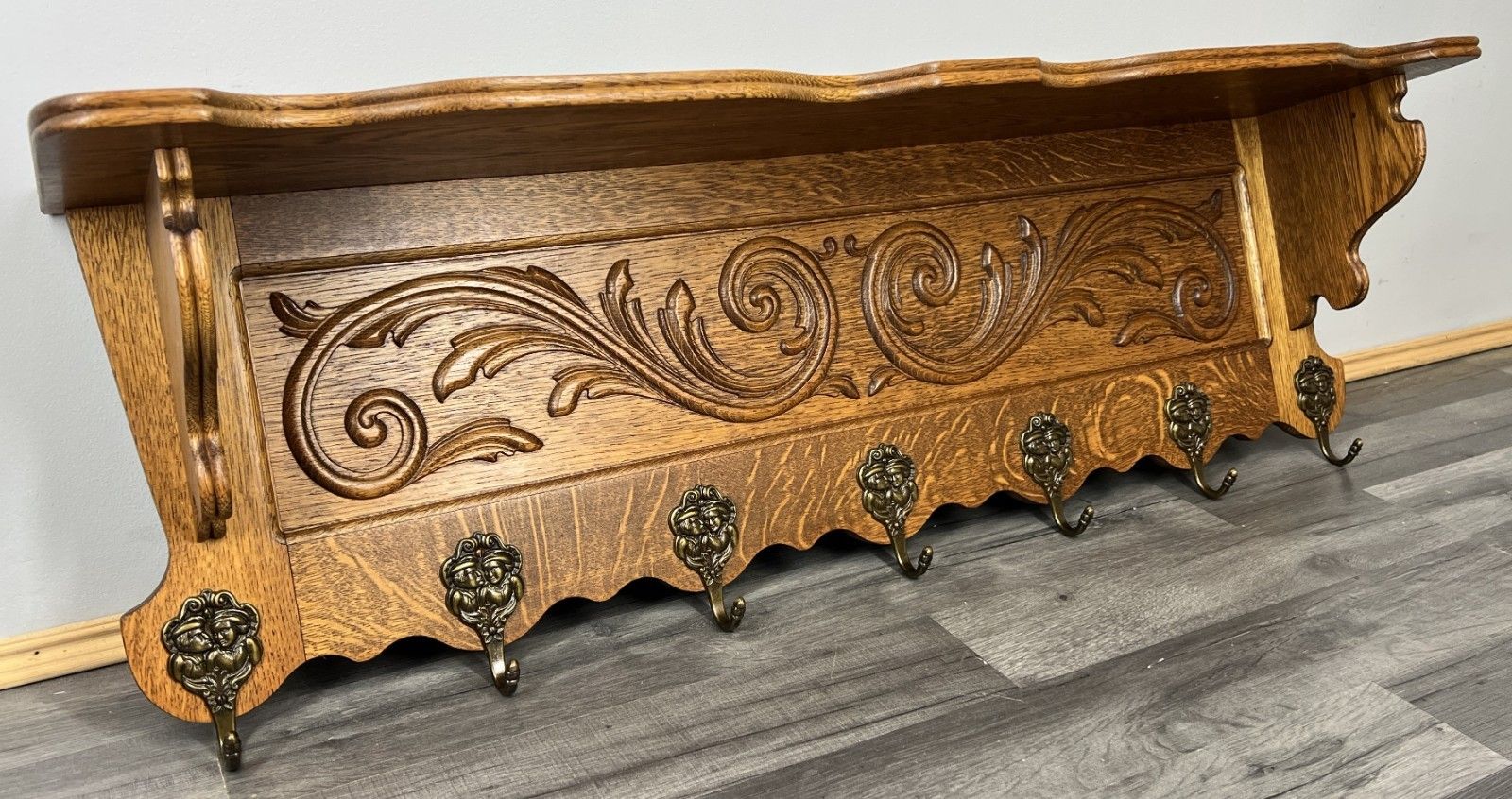French Vintage Coat Rack Oak 7 Hooks Ornate Wall Shelf Carved Coat Lot 4238 photo Furniture