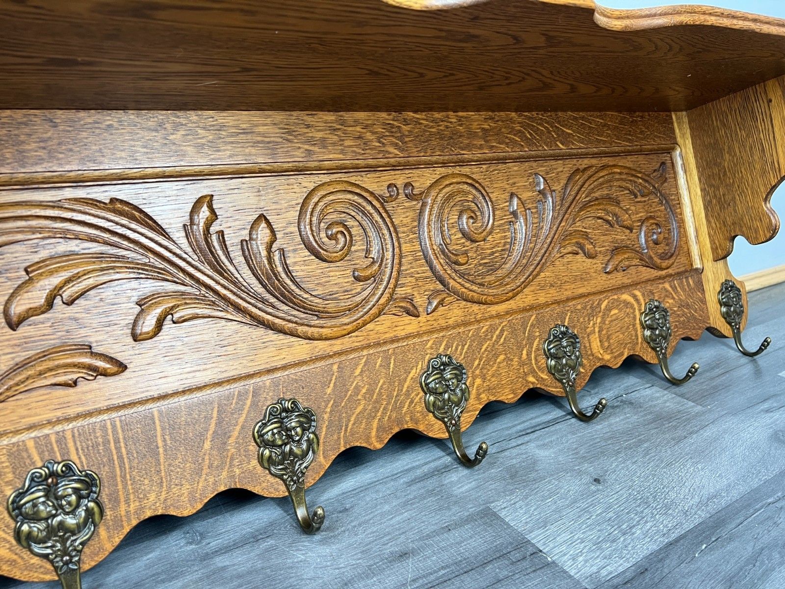 French Vintage Coat Rack Oak 7 Hooks Ornate Wall Shelf Carved Coat Lot 4238 photo 299.0