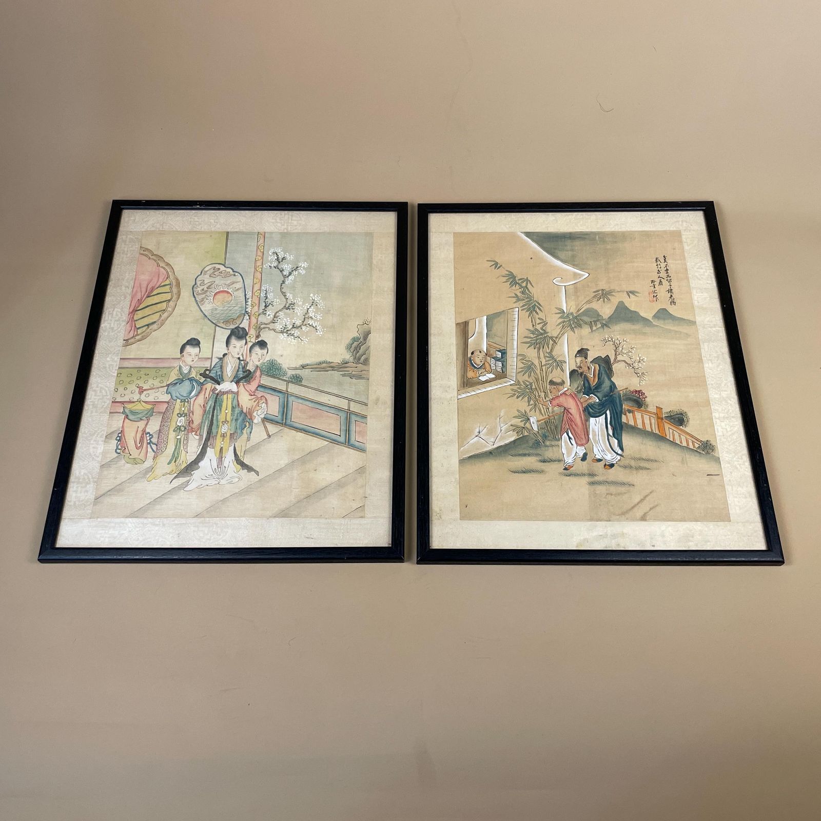Pair Of Antique Japanese Oriental Art Hand Painted 43x34cm Picture Wood Black Frame Framed Original Art Work Old Fabric Cloth photo 165.0