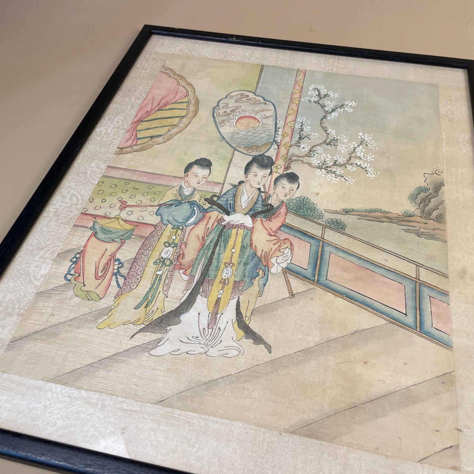 Art Pair Of Antique Japanese Oriental Art Hand Painted 43x34cm Picture Wood Black Frame Framed Original Art Work Old Fabric Cloth photo