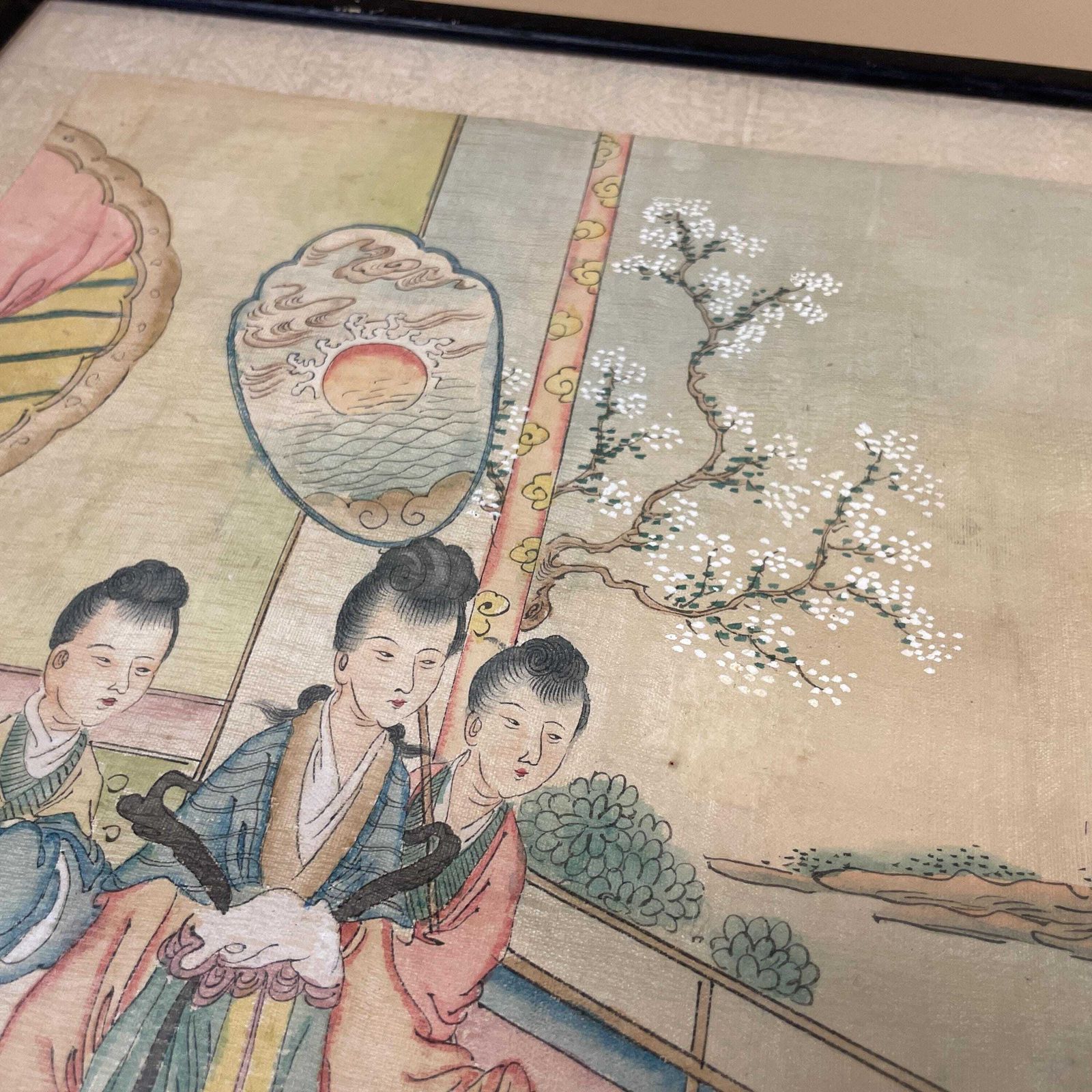 photo vinterior Pair Of Antique Japanese Oriental Art Hand Painted 43x34cm Picture Wood Black Frame Framed Original Art Work Old Fabric Cloth