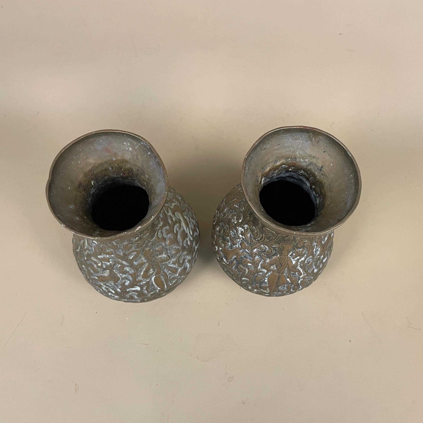 Pair Of Antique Metal Gold Indian Patterned Brass Vase Pot Planter Jardiniere Asian Handmade Engraved Etched Intricate Vintage Decorative photo vinterior