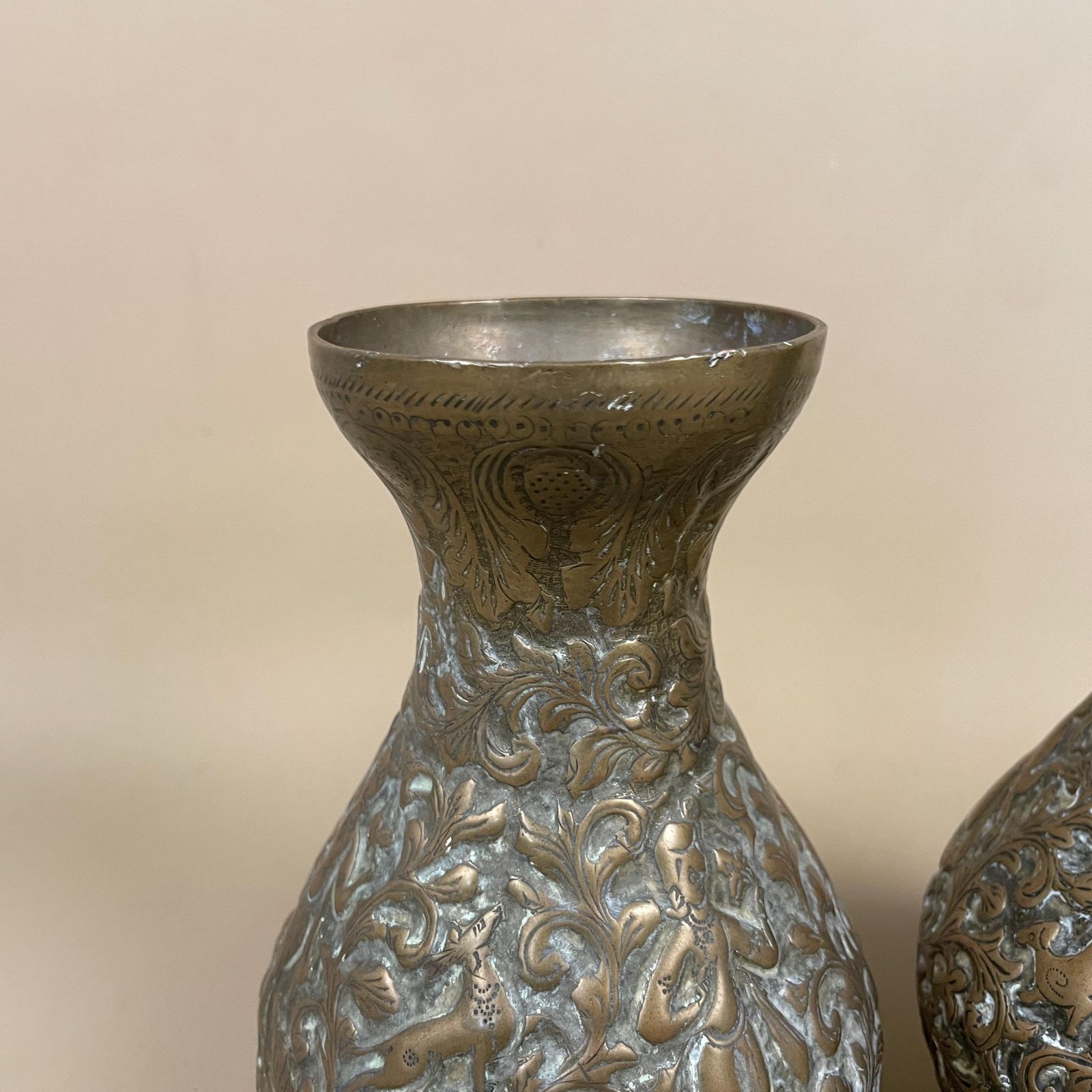 Pair Of Antique Metal Gold Indian Patterned Brass Vase Pot Planter Jardiniere Asian Handmade Engraved Etched Intricate Vintage Decorative photo buy