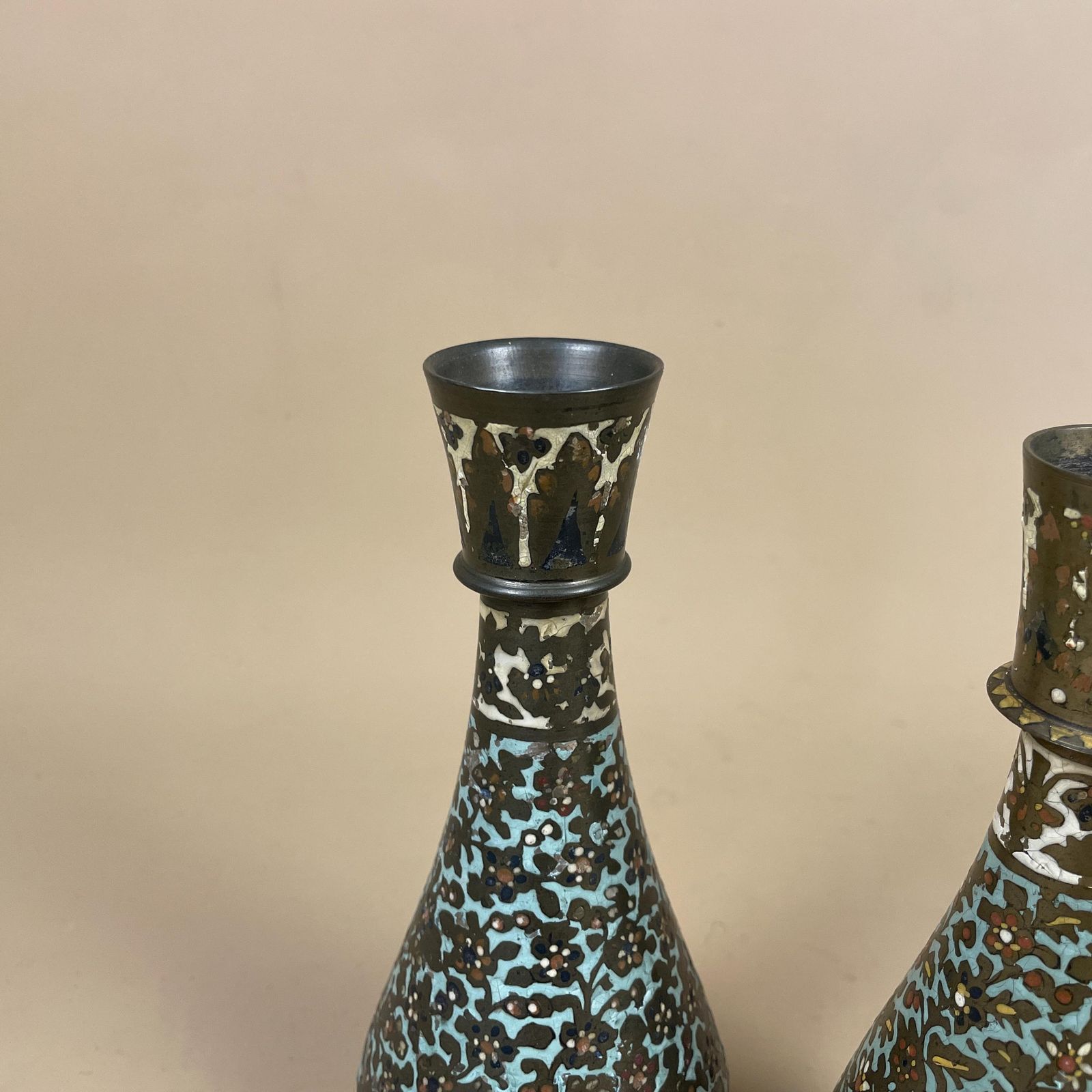 Pair Of Antique Metal Gold Indian Patterned Brass Vase Pot Planter Jardiniere Asian Handmade Engraved Enamel Intricate Vintage Decorative photo 89.0