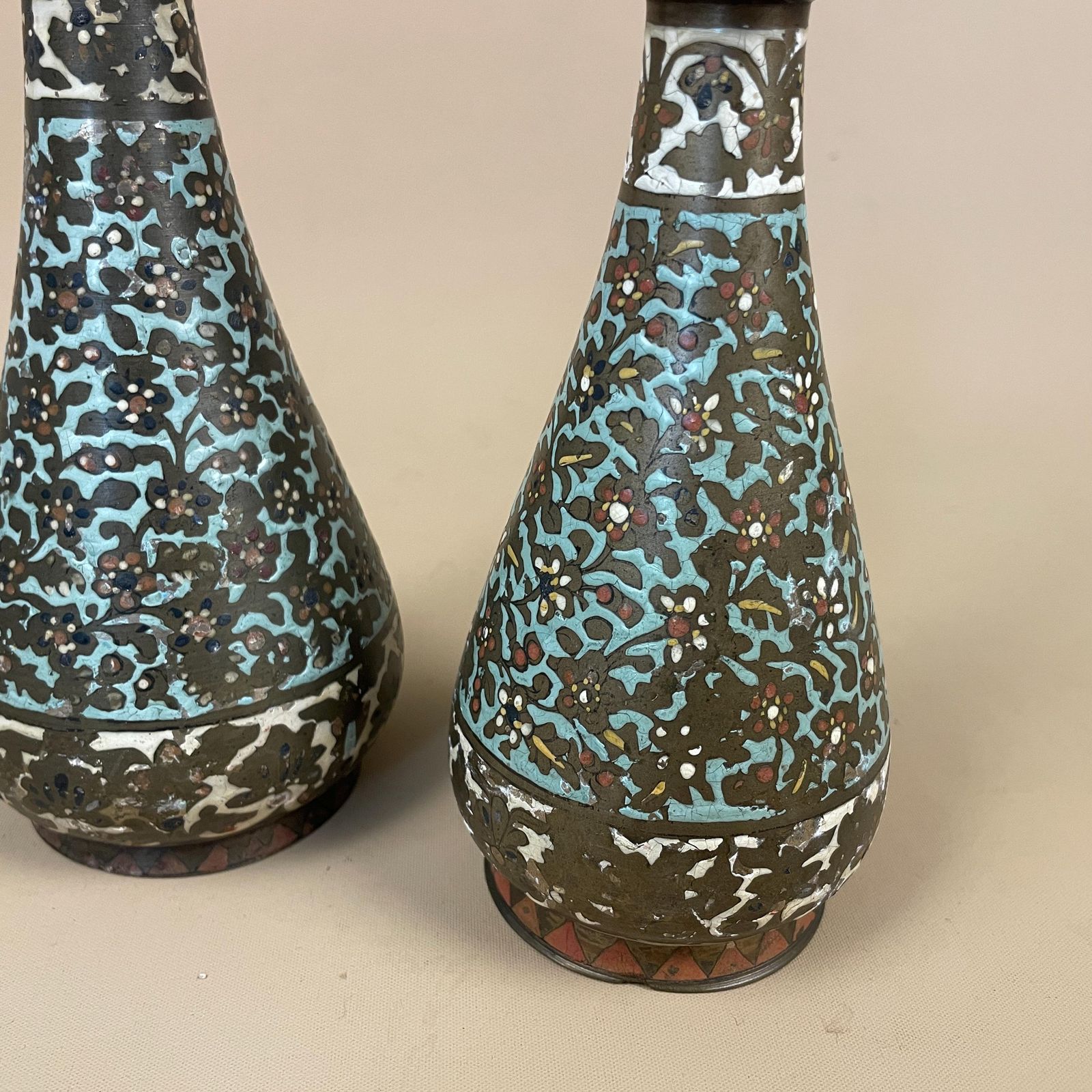 Pair Of Antique Metal Gold Indian Patterned Brass Vase Pot Planter Jardiniere Asian Handmade Engraved Enamel Intricate Vintage Decorative photo buy