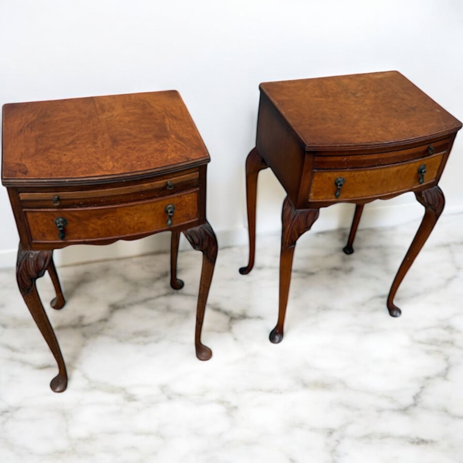 Pair Of Antique Burr Walnut Bedside Tables 1930s Queen Anne photo furniture