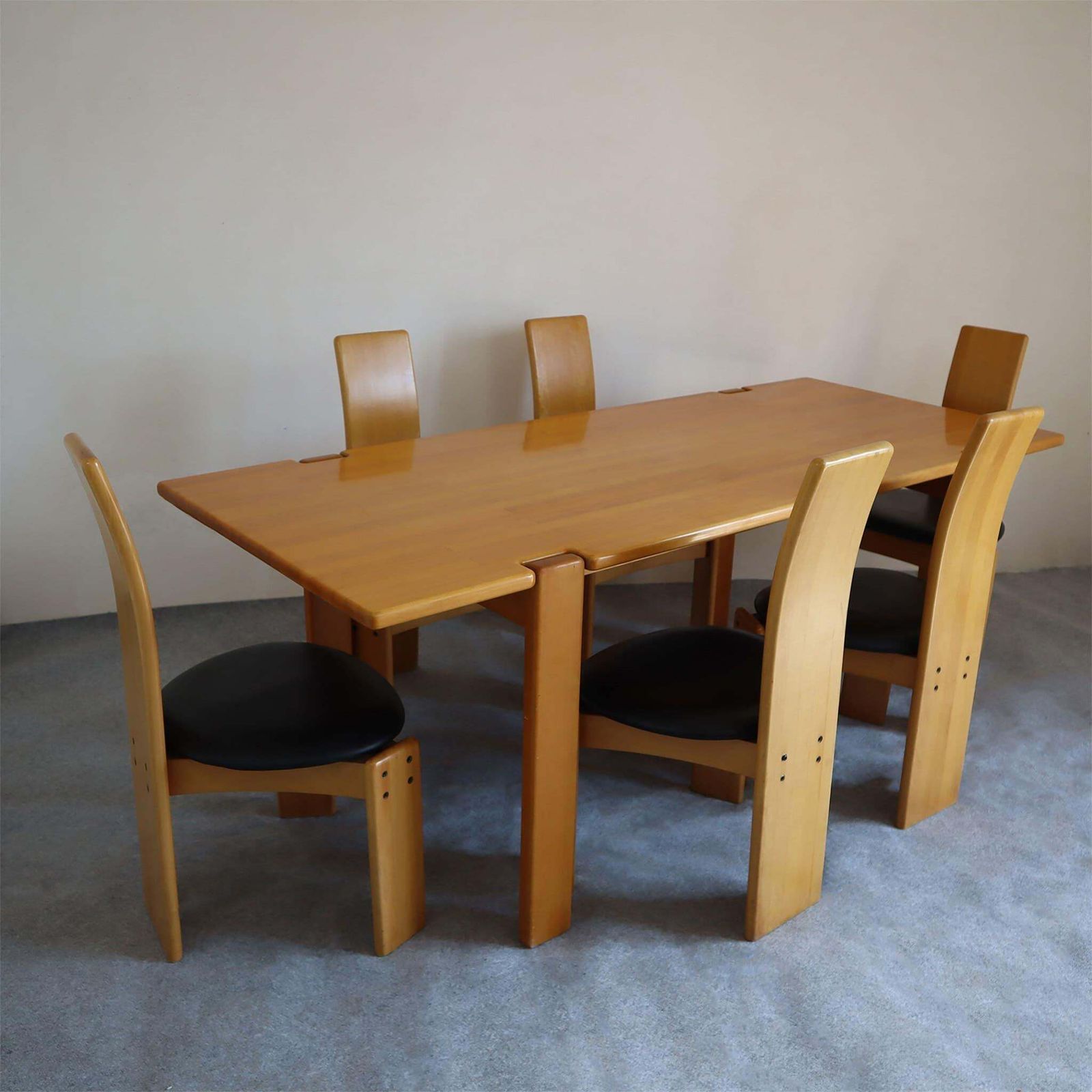 Set Of Six Italian Wood Chairs Leather Seats By Afra E Tobia Scarpa, 1970s photo vinterior