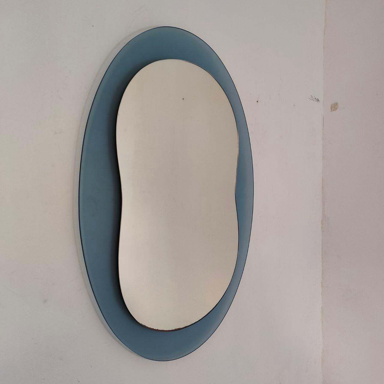 Italian Oval Blue Glass Mirror In The Style Of Veca, 1970s photo for sale