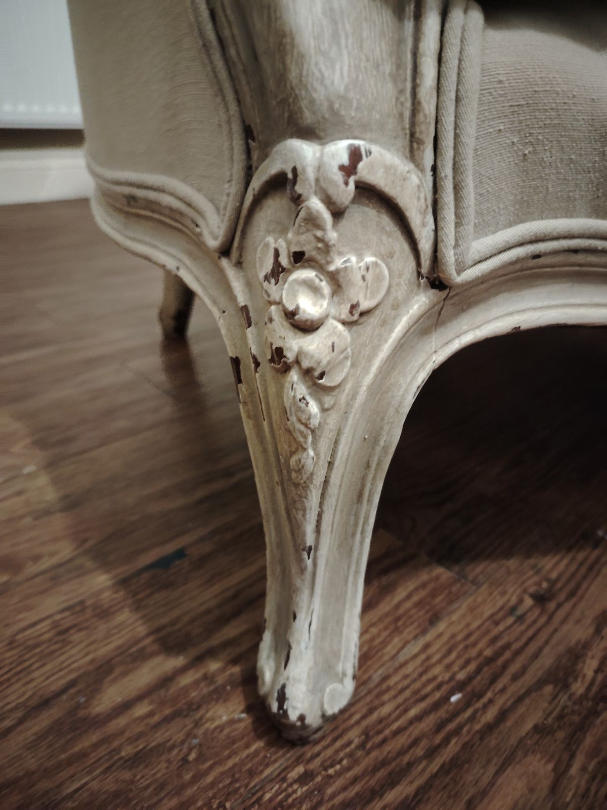 Pair Of French Louis XV Style Armchairs – Distressed White Frame – Neutral Upholstery photo for sale