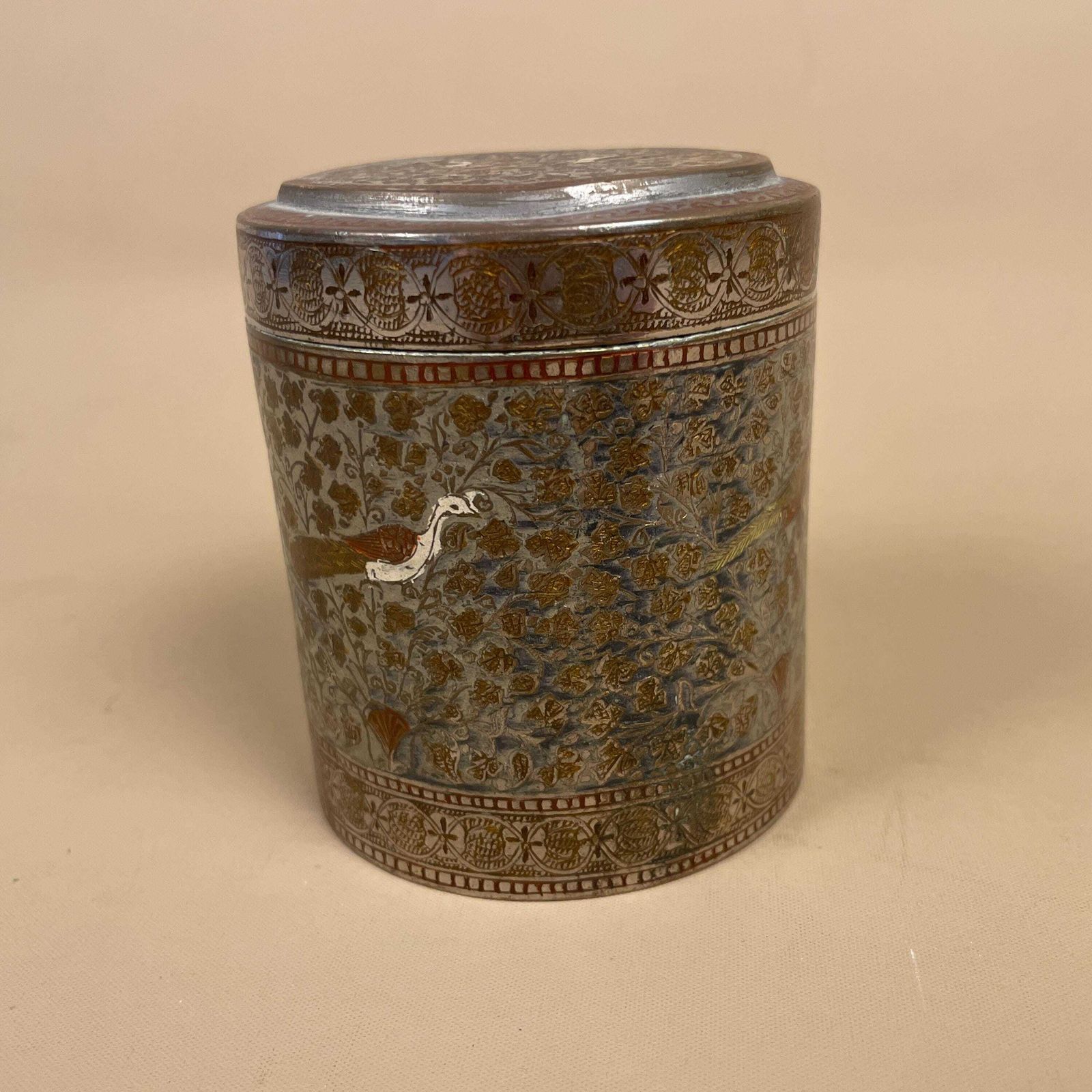 Antique Metal Gold Indian Patterned Brass Pot Lidded Lid Cylinder Asian Round Handmade Engraved Intricate Vintage Decorative Traditional photo vinterior