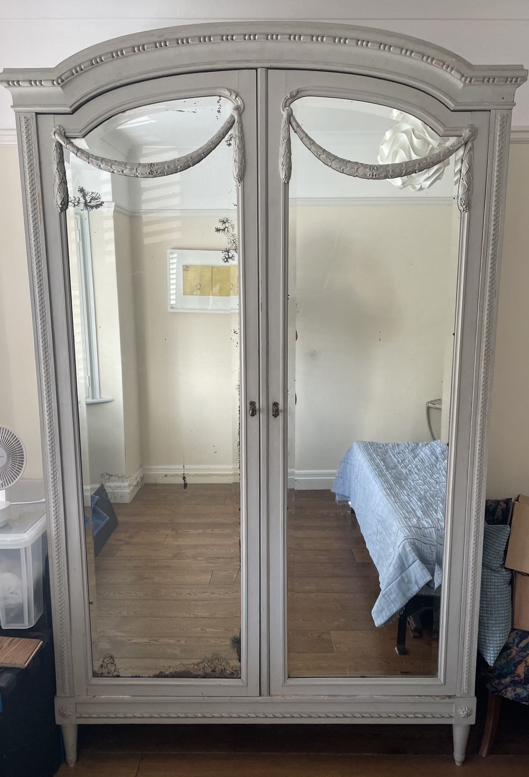 Antique French Louis XVI Painted Mirrored Armoire With Drawers And Original Locks