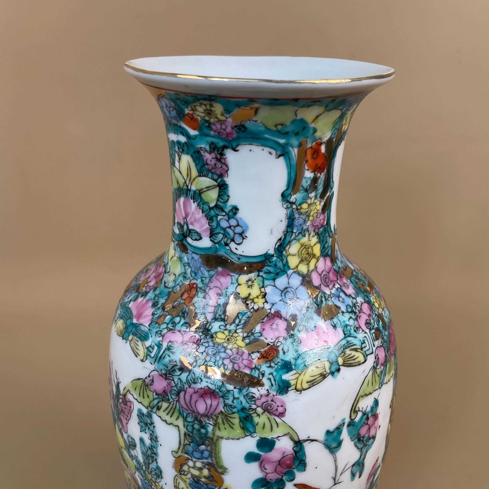 Vintage Oriental Ceramic Vase Floral Butterfly Design Hand Painted Chinese Porcelain Mid Century Asian Table Flower Display photo buy