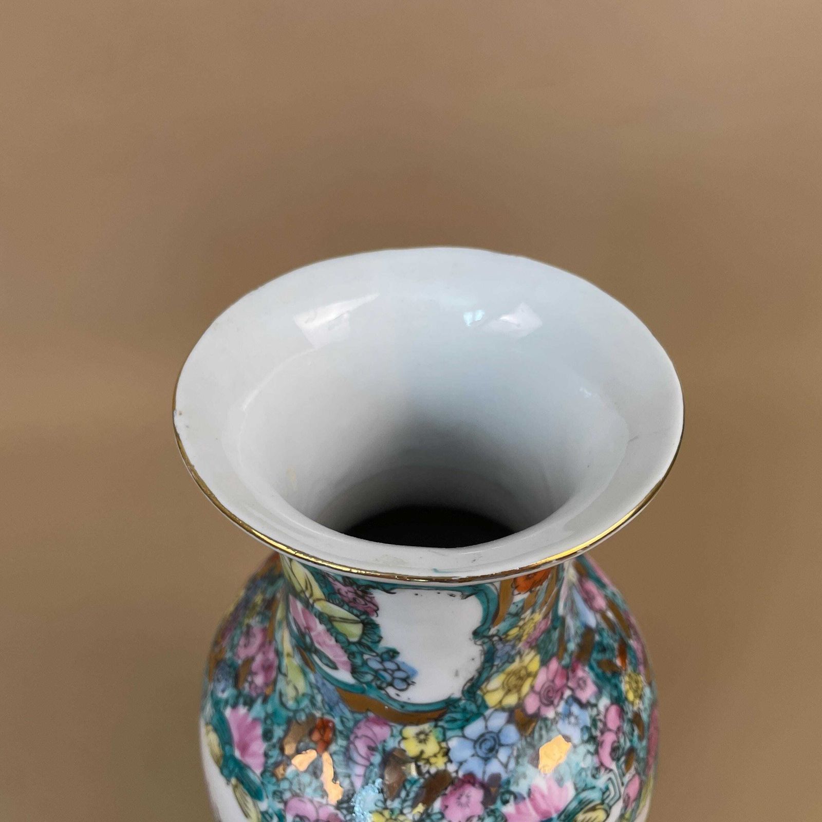 Vintage Oriental Ceramic Vase Floral Butterfly Design Hand Painted Chinese Porcelain Mid Century Asian Table Flower Display photo vintage