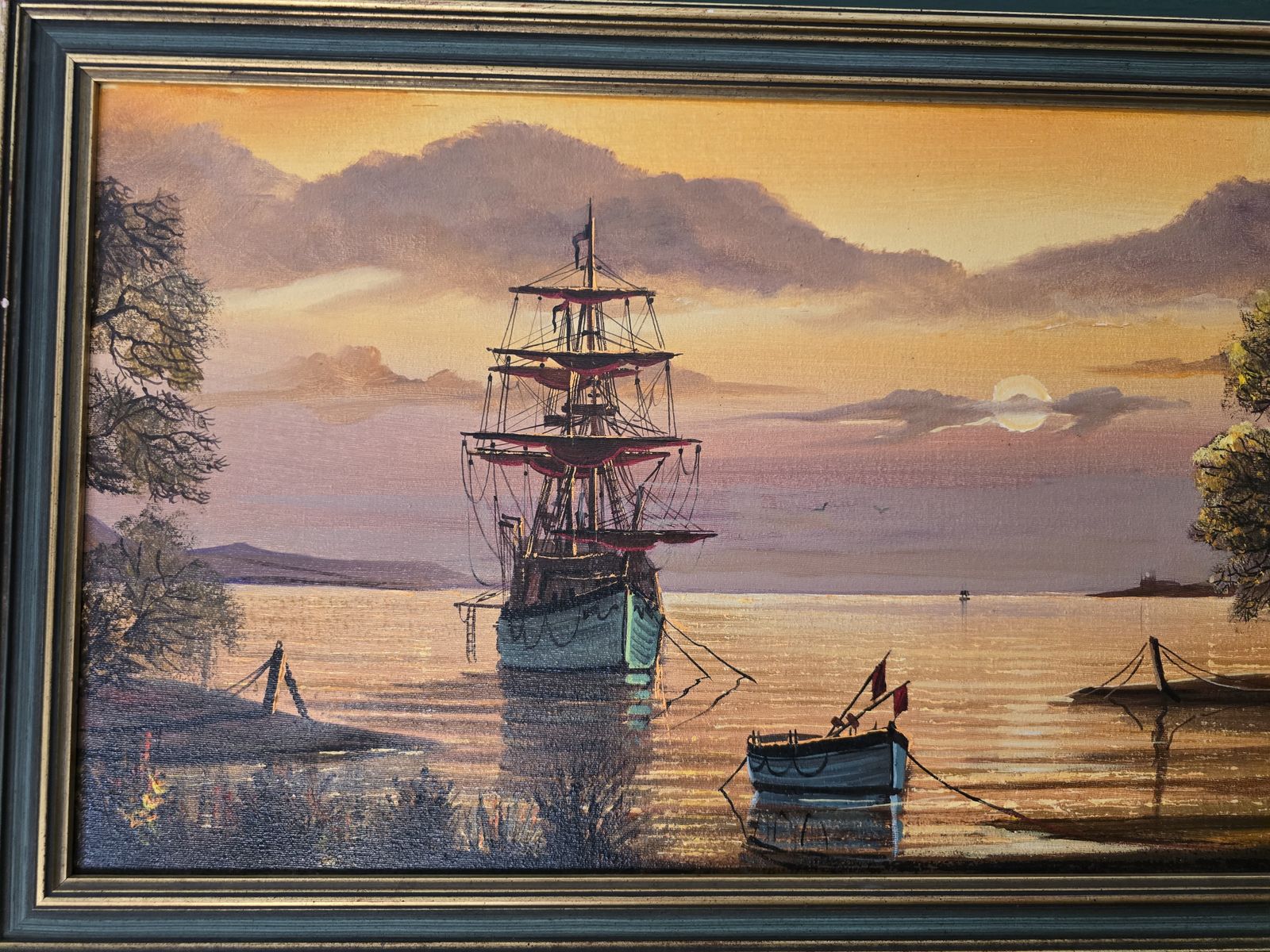 W.H.Stockman Seascape Original Oil Painting – Tall Ship At Sunset