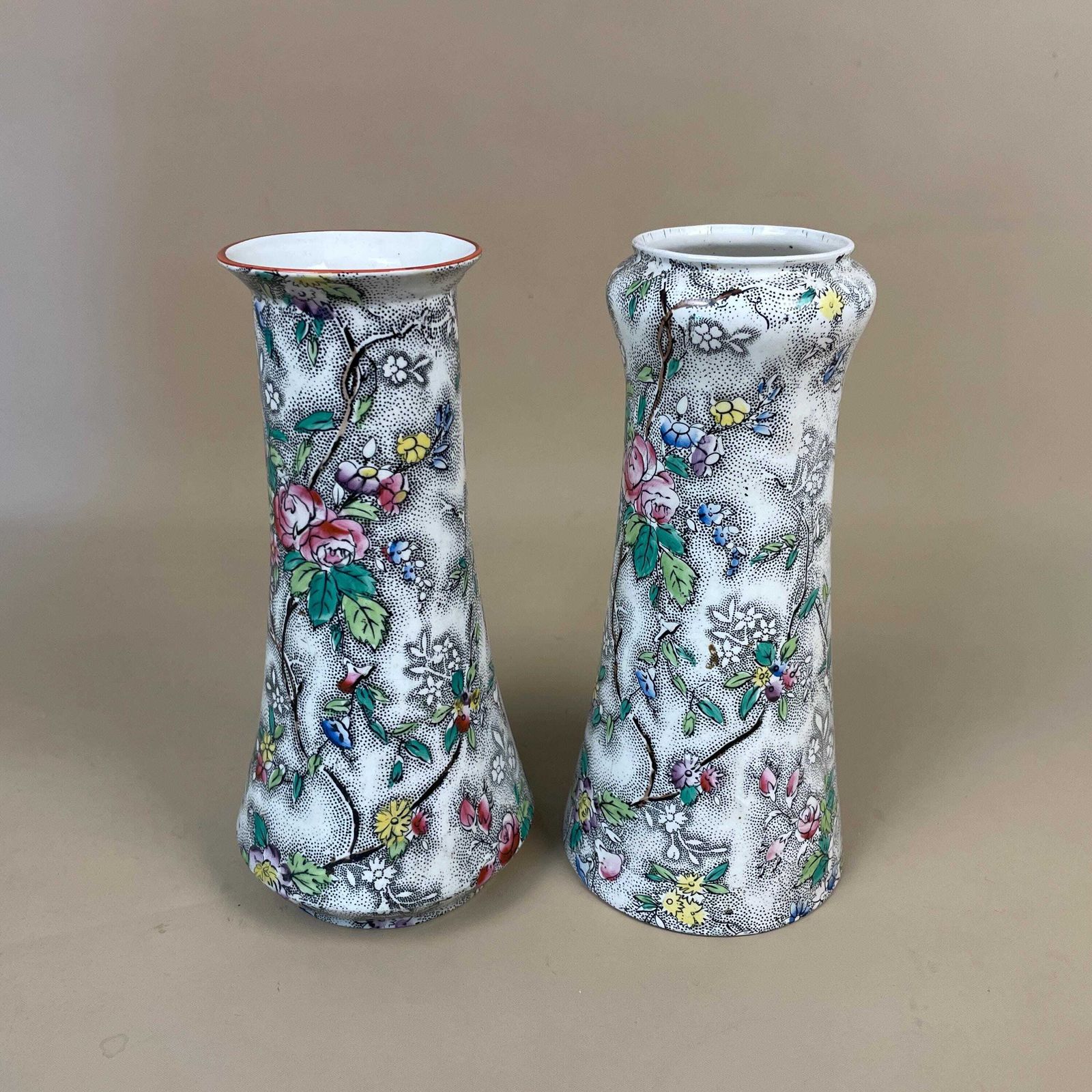 Pair Floral Ceramic Vases Decorative Display Hand Painted Chinoiserie Oriental Flower Vases Mid Century Made In England Pots X2 White photo furniture