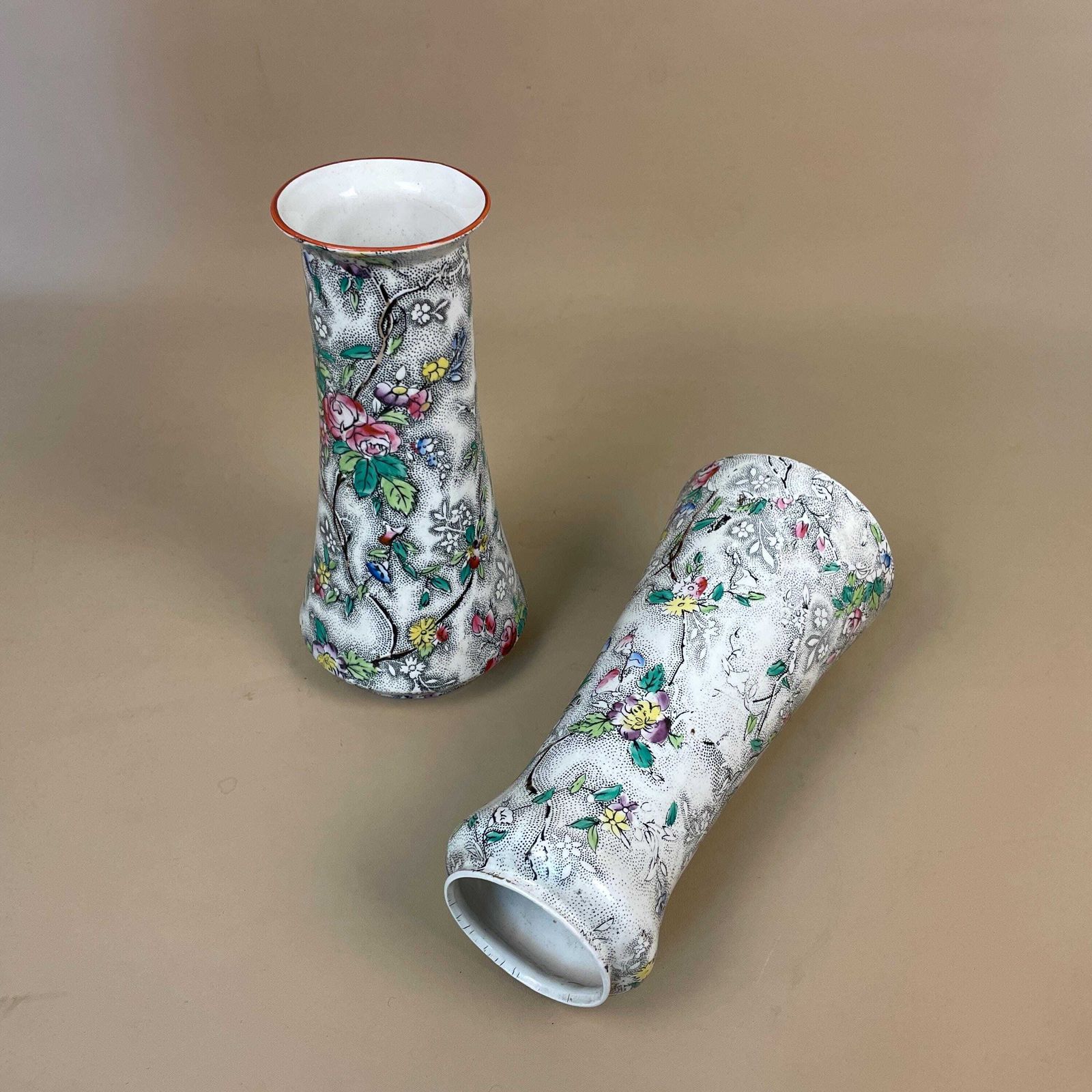 Pair Floral Ceramic Vases Decorative Display Hand Painted Chinoiserie Oriental Flower Vases Mid Century Made In England Pots X2 White photo buy