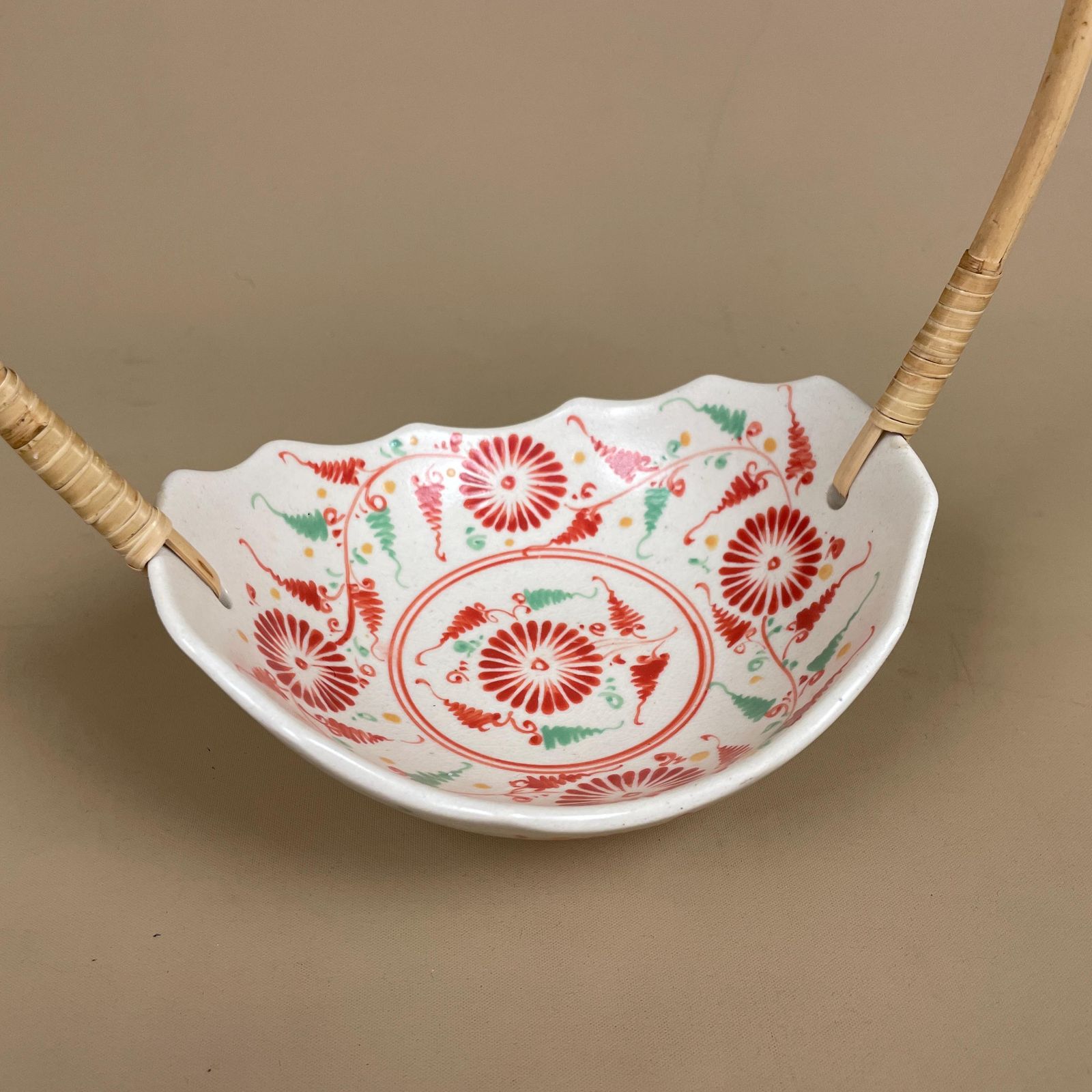 Japanese Ceramic Basket Bowl With Bamboo Handle Red Floral Hand Painted Display Imari Vintage Hand Painted Asian Ceramic Decor Trinket Dish photo for sale