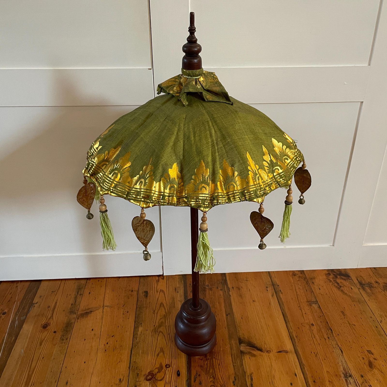 Balinese Green Gold Parasol Umbrella Decorative Tassel Temple Shade Stand Boho Exotic Vintage Decor Handcrafted Bali Art Wooden Base Accent photo vinterior