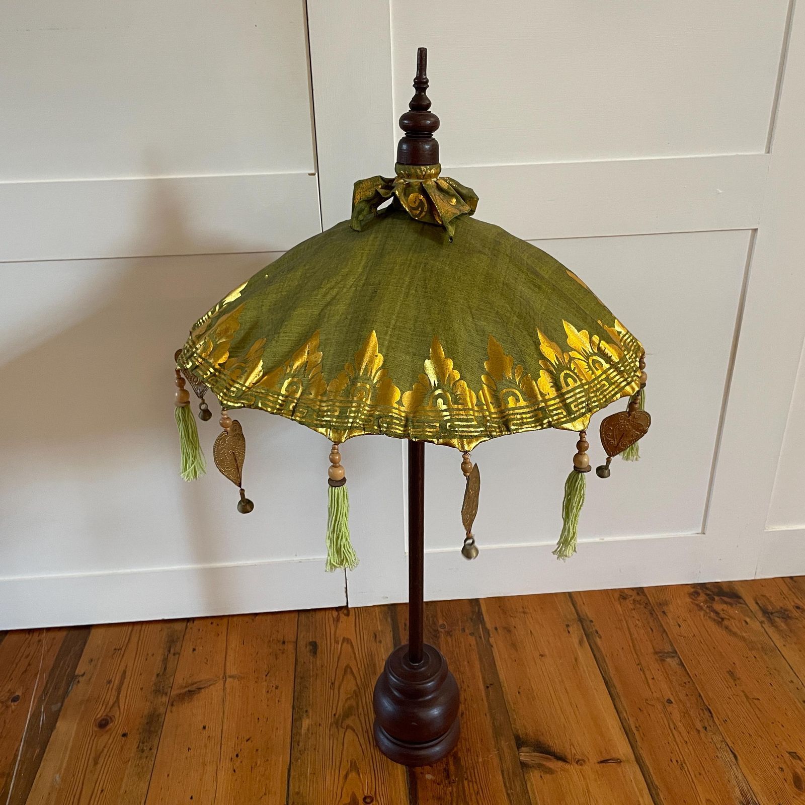 photo for sale Balinese Green Gold Parasol Umbrella Decorative Tassel Temple Shade Stand Boho Exotic Vintage Decor Handcrafted Bali Art Wooden Base Accent