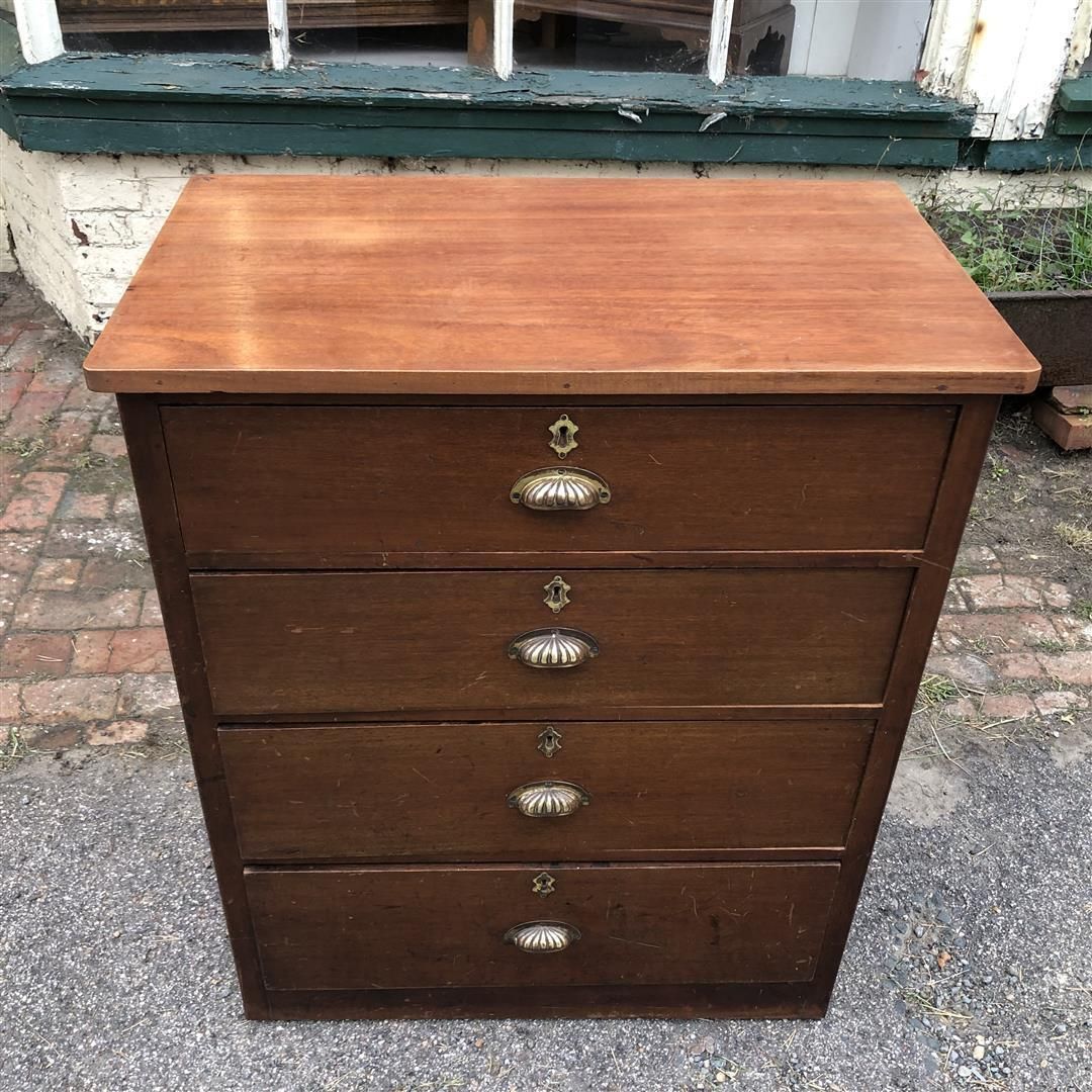 Antique Mahogany Wood Chest Of Four Drawers Brass Cup Handles 1920s photo vinterior