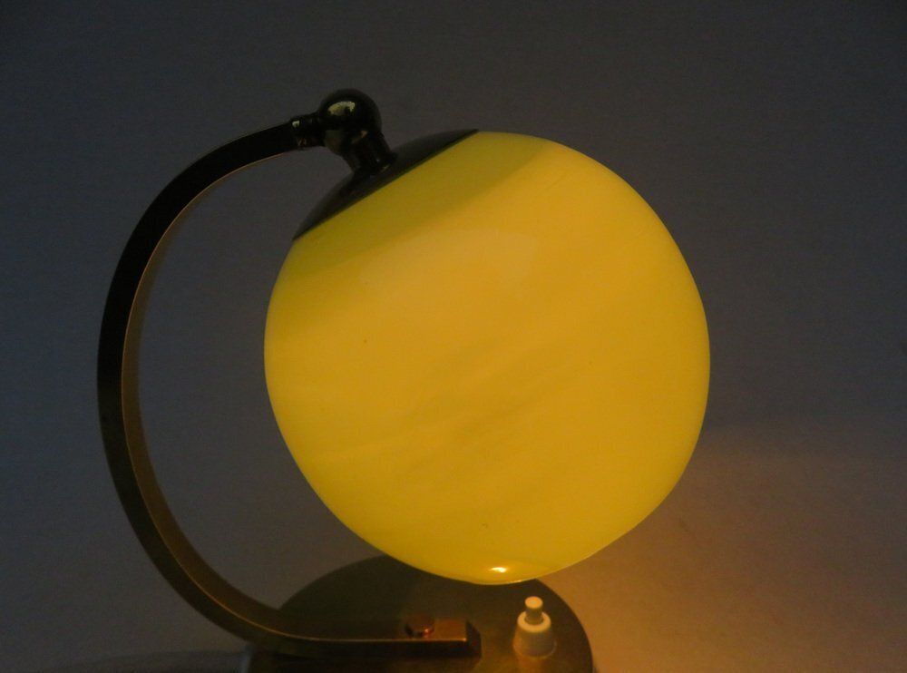 photo furniture Art Deco Bedside Lamp In Brass With Green Cased Glass Shade, 1920s