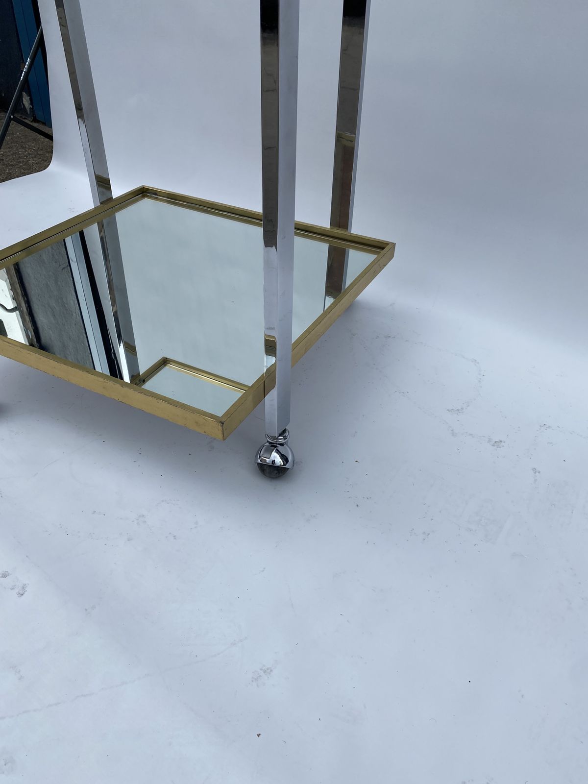 Square Brass Chrome 1970s Bar Cart Drinks Trolley Table Glass Mirror Hollywood Regency Romeo Rega Style Renato Zevi Italian photo for sale