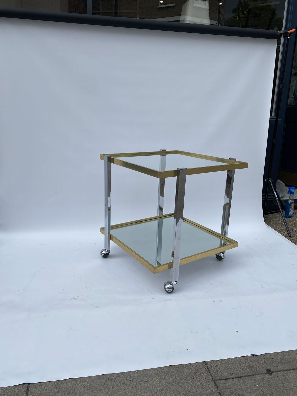 Square Brass Chrome 1970s Bar Cart Drinks Trolley Table Glass Mirror Hollywood Regency Romeo Rega Style Renato Zevi Italian photo Furniture