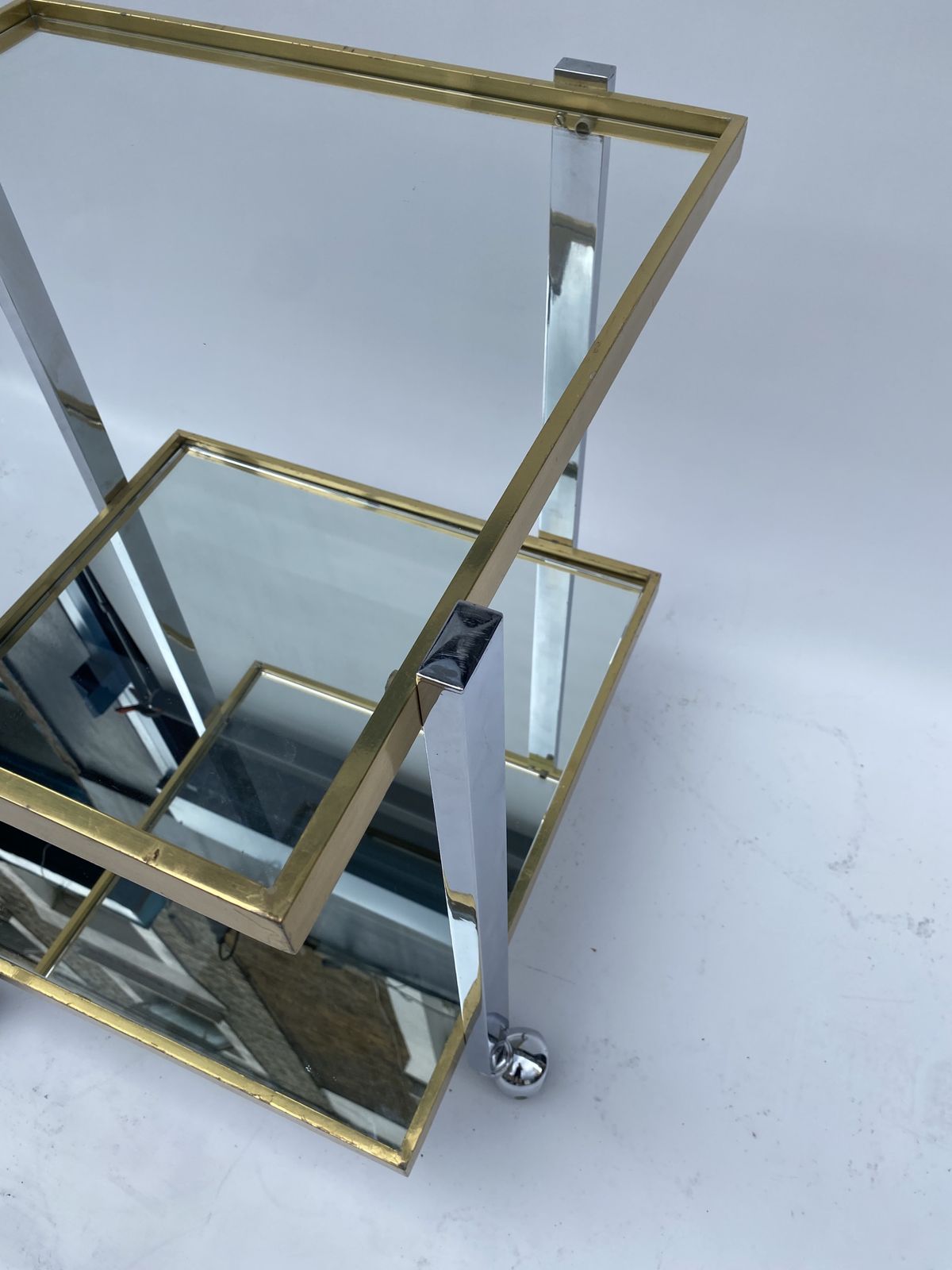 Square Brass Chrome 1970s Bar Cart Drinks Trolley Table Glass Mirror Hollywood Regency Romeo Rega Style Renato Zevi Italian photo buy