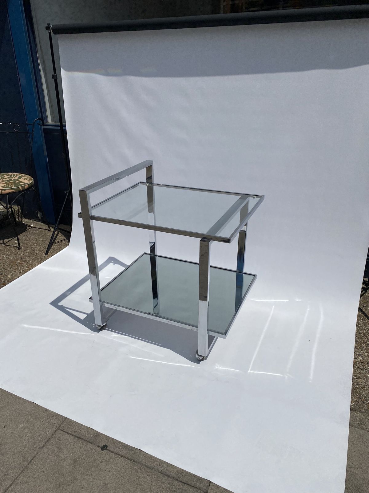 Romeo Rega Chrome 1970s Square Drinks Bar Cart Trolley Table Glass Mirror Hollywood Regency Sofa Display photo Furniture