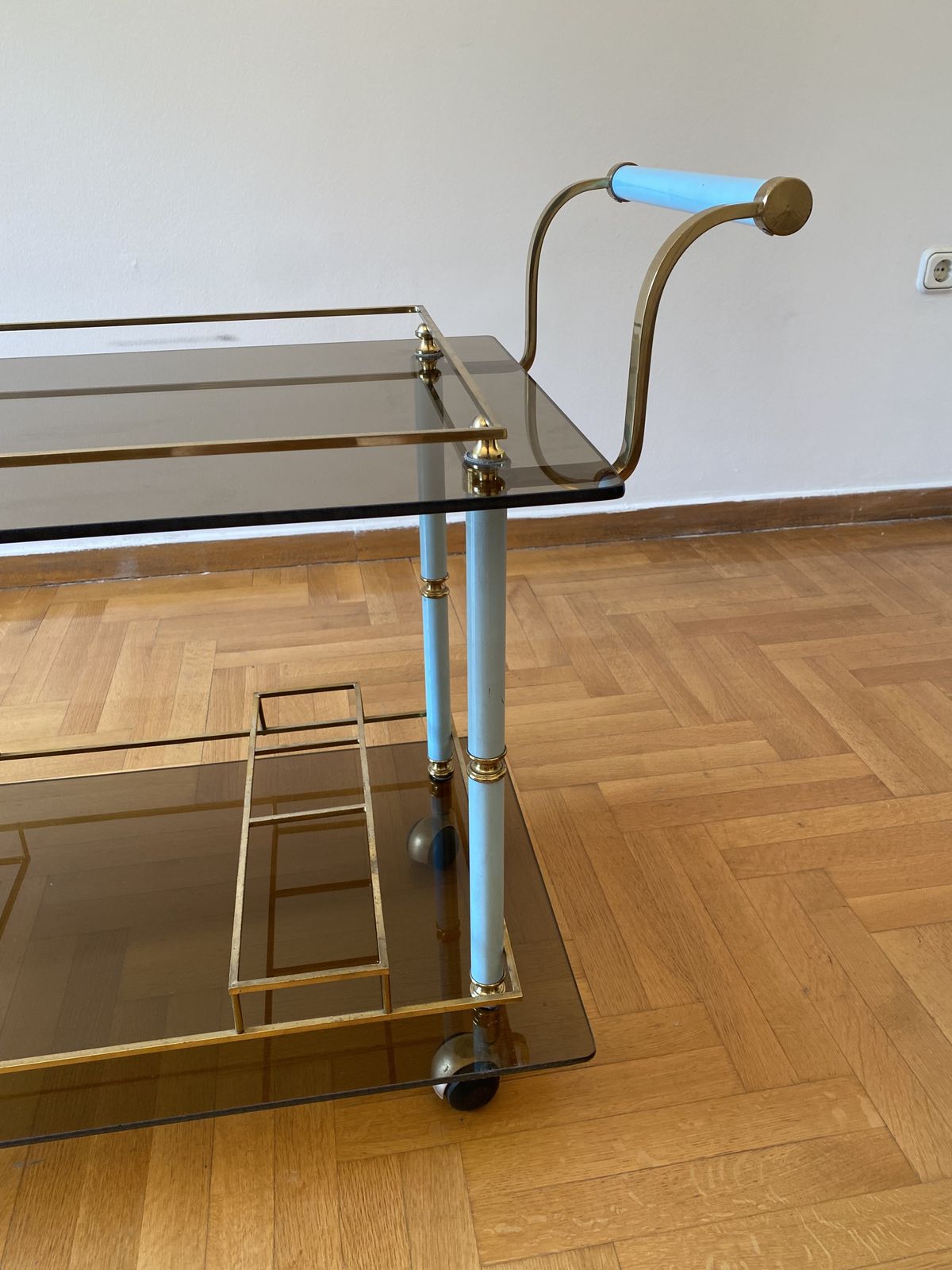 Teal 1960s Bar Cart Drinks Trolley Brass Table Smoked Glass Hollywood Regency Italian Serving photo Furniture