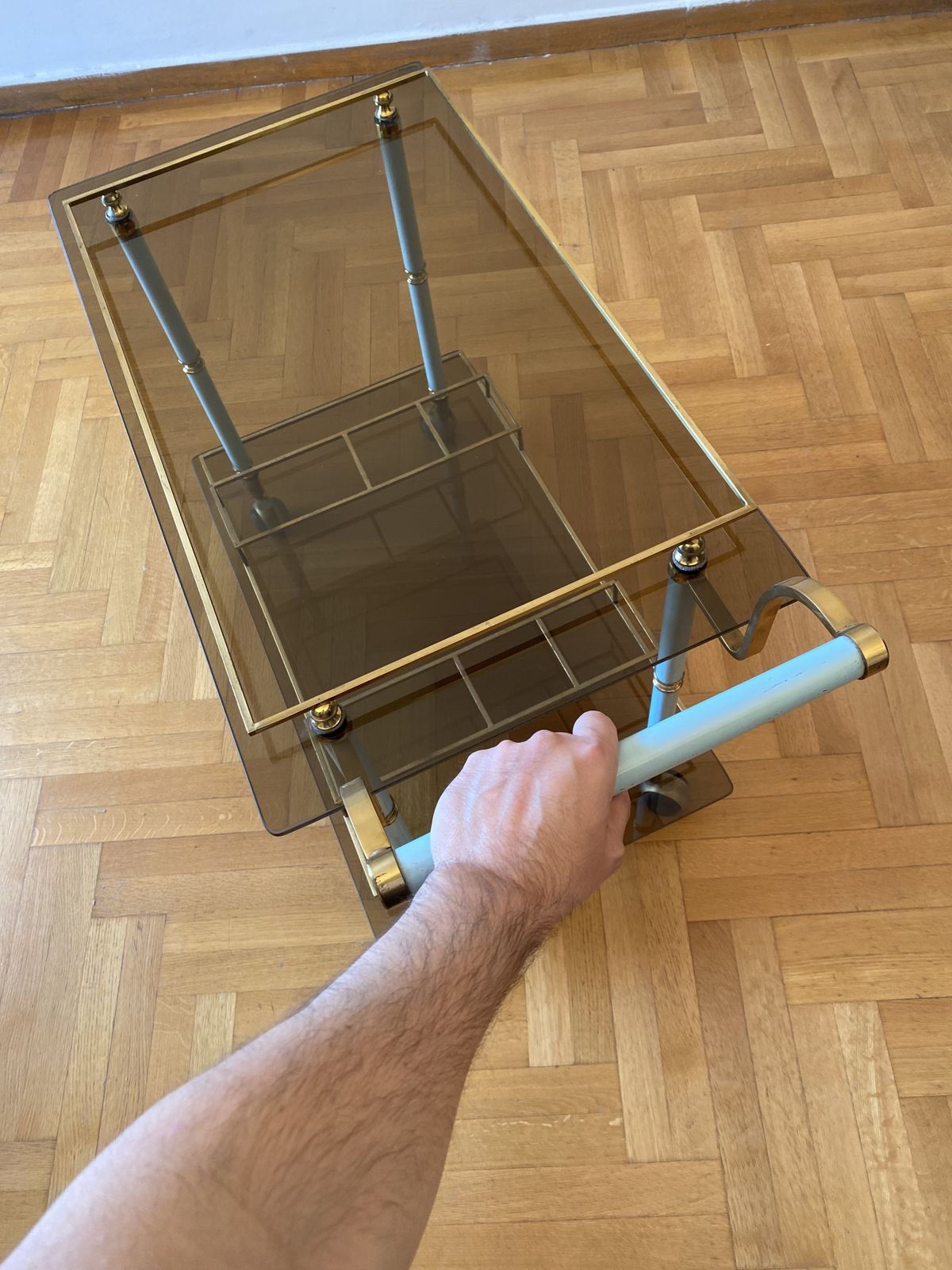 photo furniture Teal 1960s Bar Cart Drinks Trolley Brass Table Smoked Glass Hollywood Regency Italian Serving