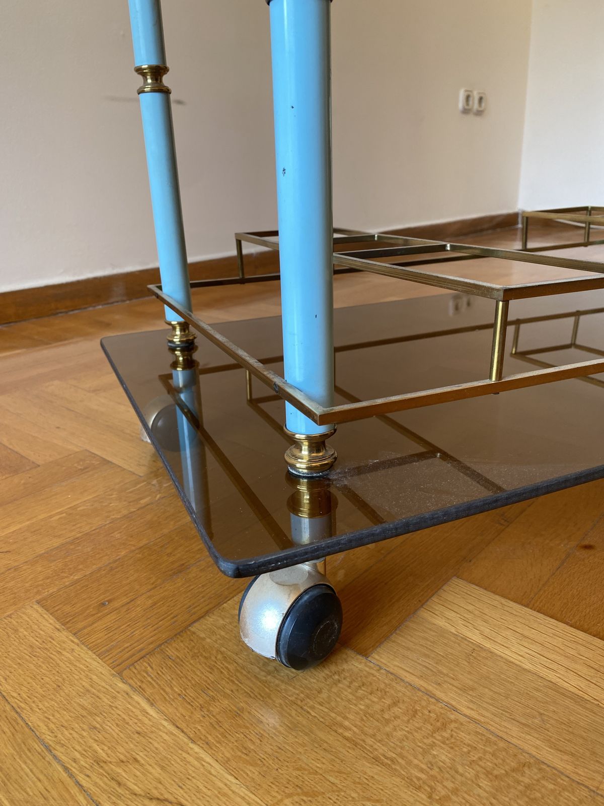 1950.0 Teal 1960s Bar Cart Drinks Trolley Brass Table Smoked Glass Hollywood Regency Italian Serving photo