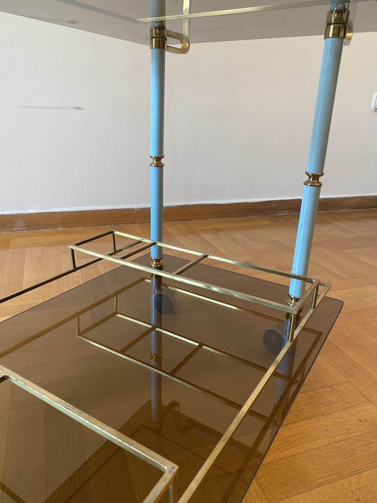 photo vinterior Teal 1960s Bar Cart Drinks Trolley Brass Table Smoked Glass Hollywood Regency Italian Serving