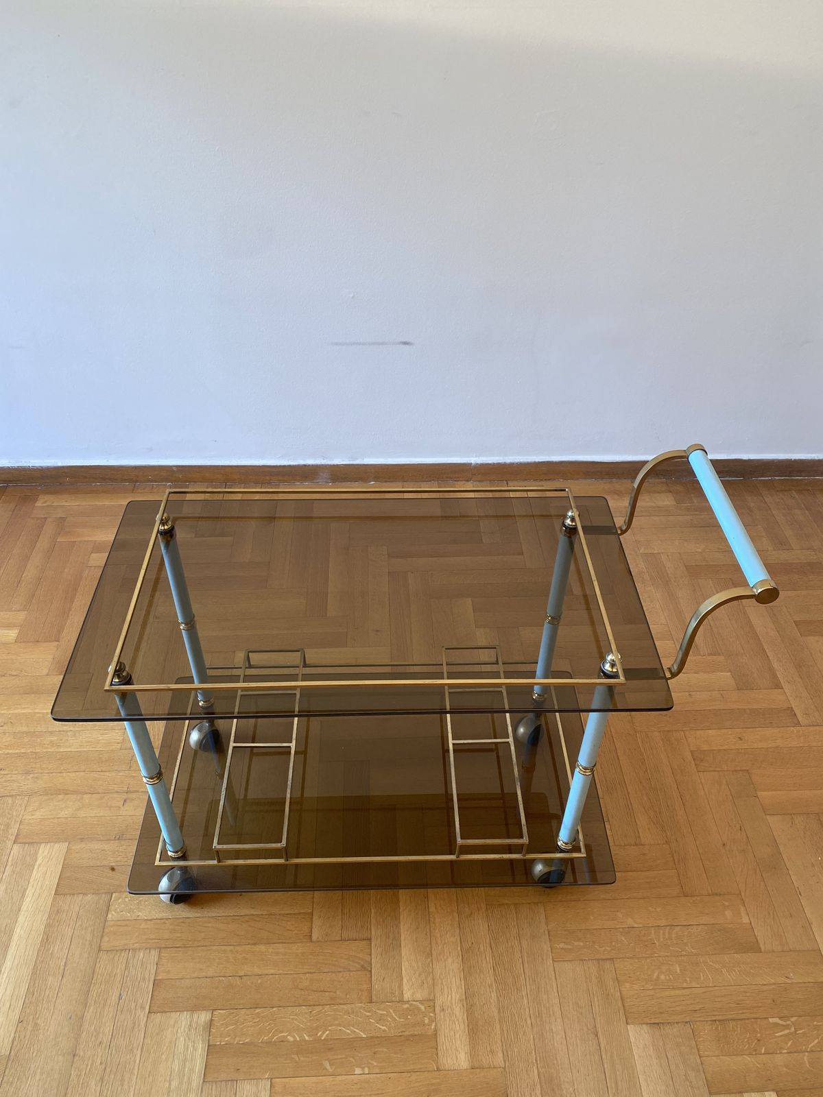 photo vintage Teal 1960s Bar Cart Drinks Trolley Brass Table Smoked Glass Hollywood Regency Italian Serving