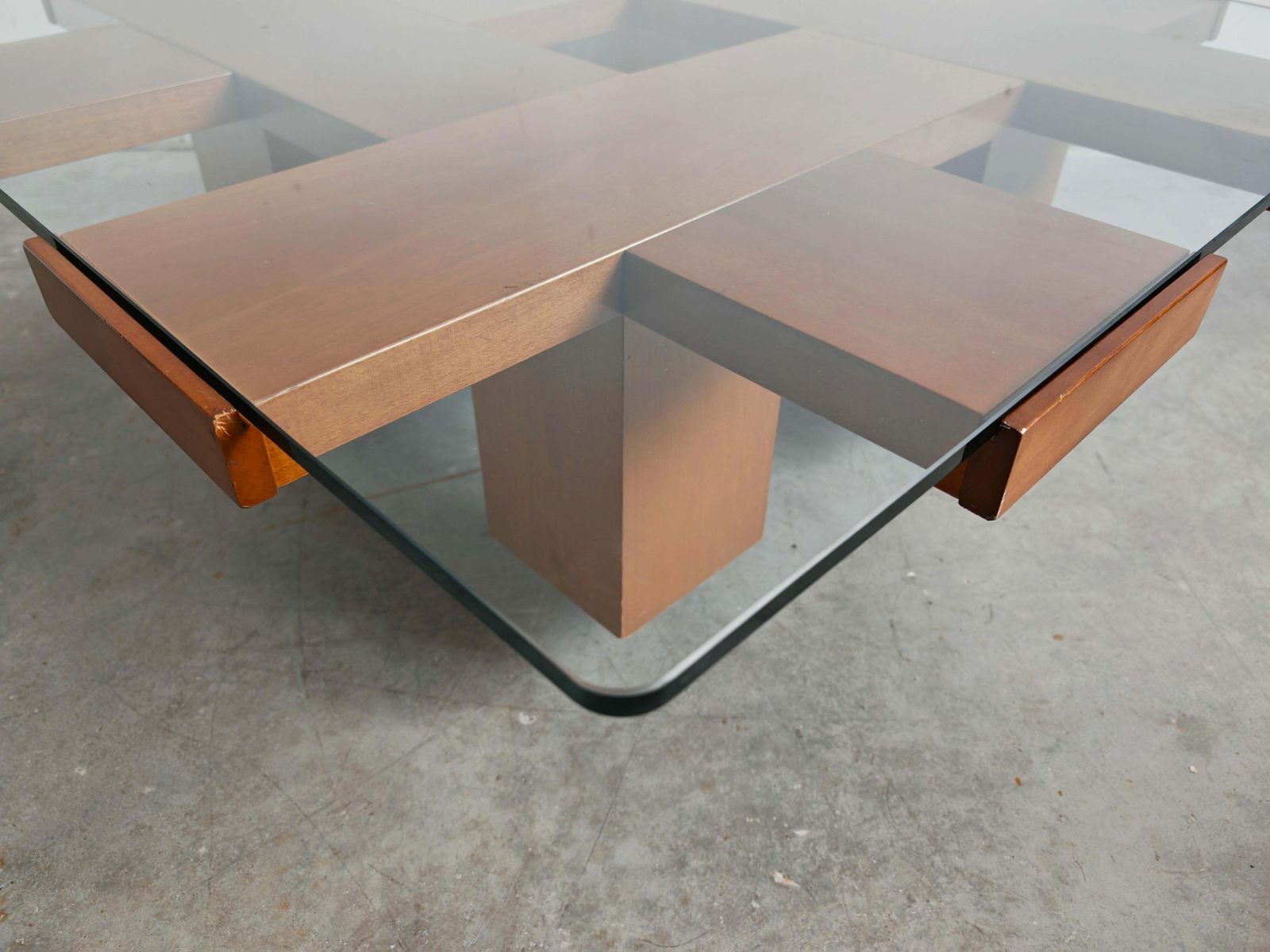 Mid Century Modern Coffee Table In Elm Wood With Grid Motif By Marco Zanuso photo vintage