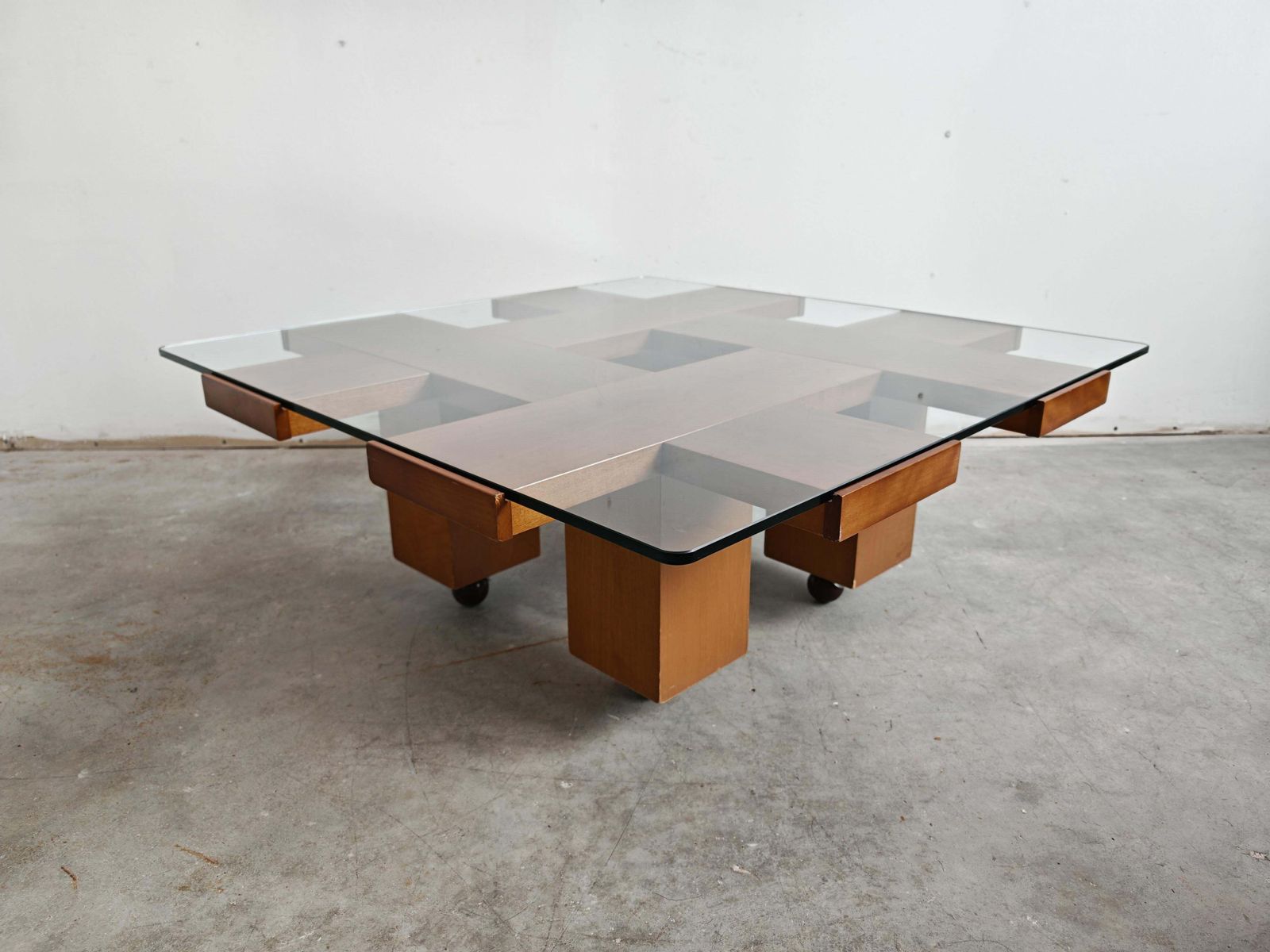 photo vintage Mid Century Modern Coffee Table In Elm Wood With Grid Motif By Marco Zanuso