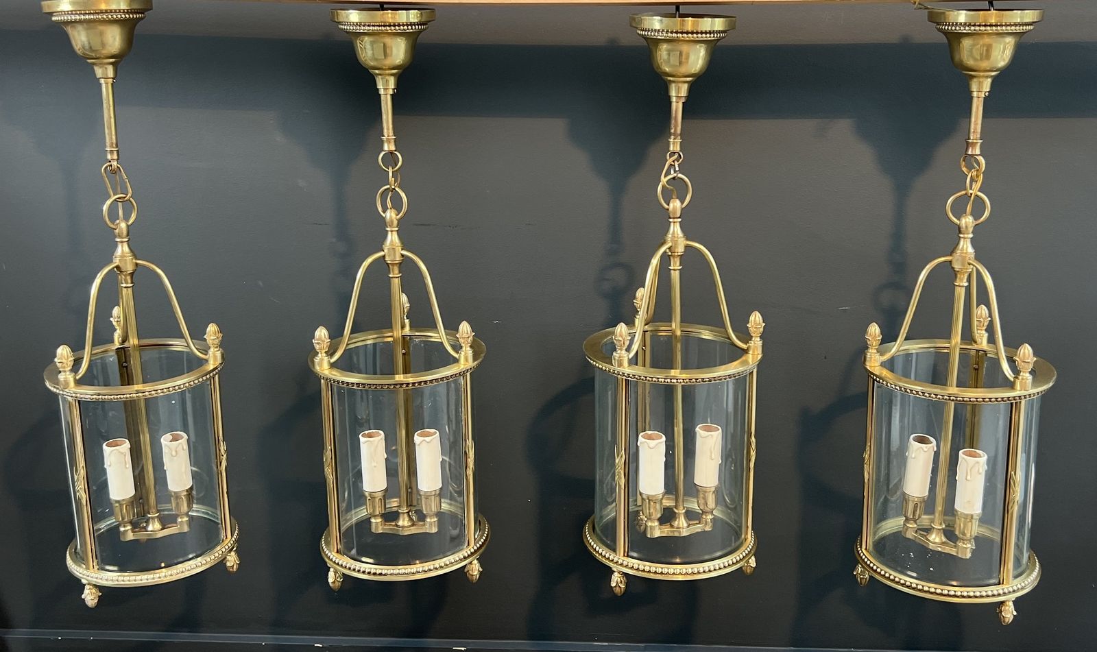 Rare Set Of 4 Round Bronze Lanterns In Neoclassical Style Attributed To Maison Jansen