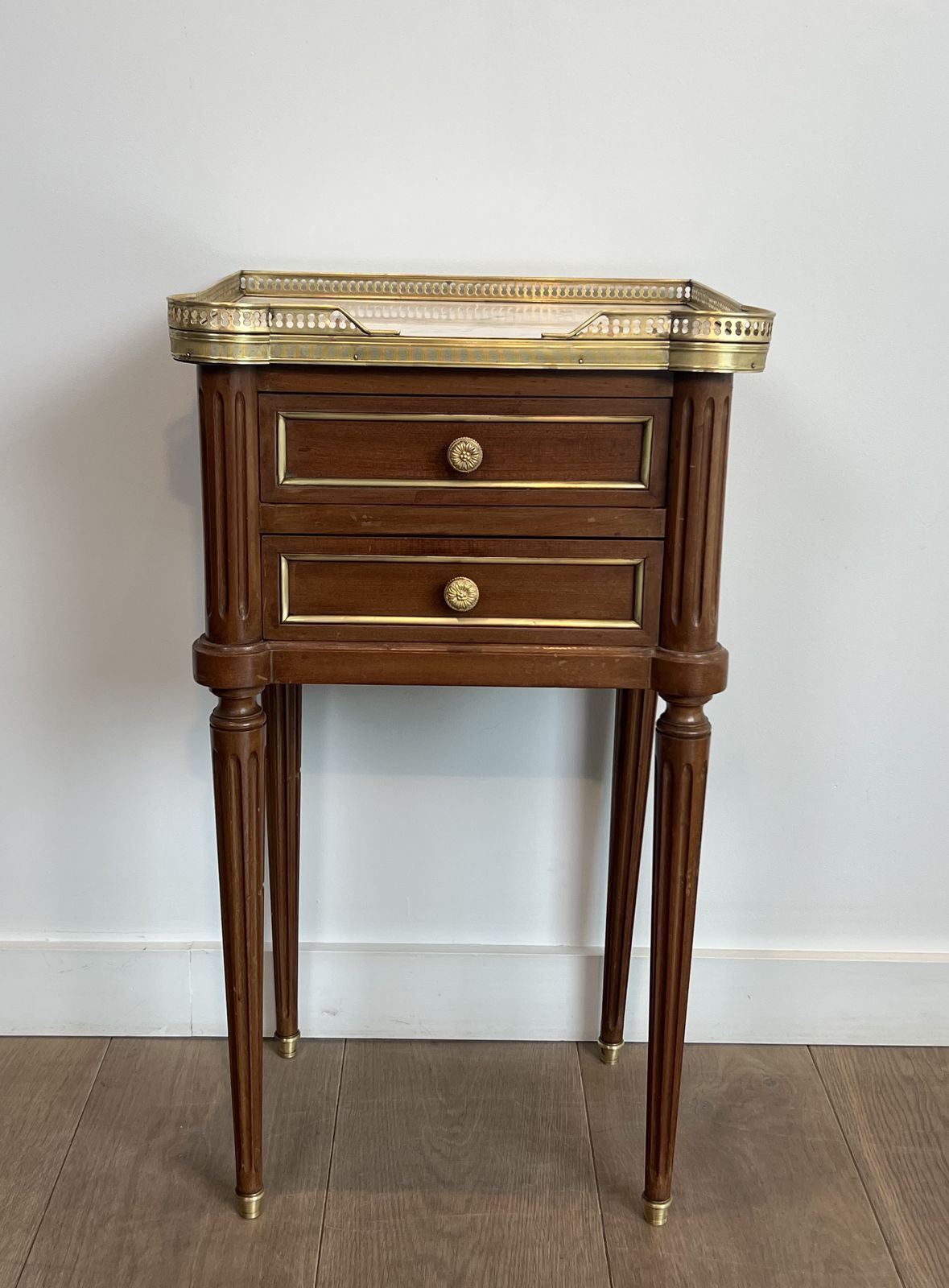 Pair Of Mahogany And Brass End Tables Or Bedside Tables With Carrara Marble Tops In The Style Of Maison Jansen. Circa 1940 photo buy