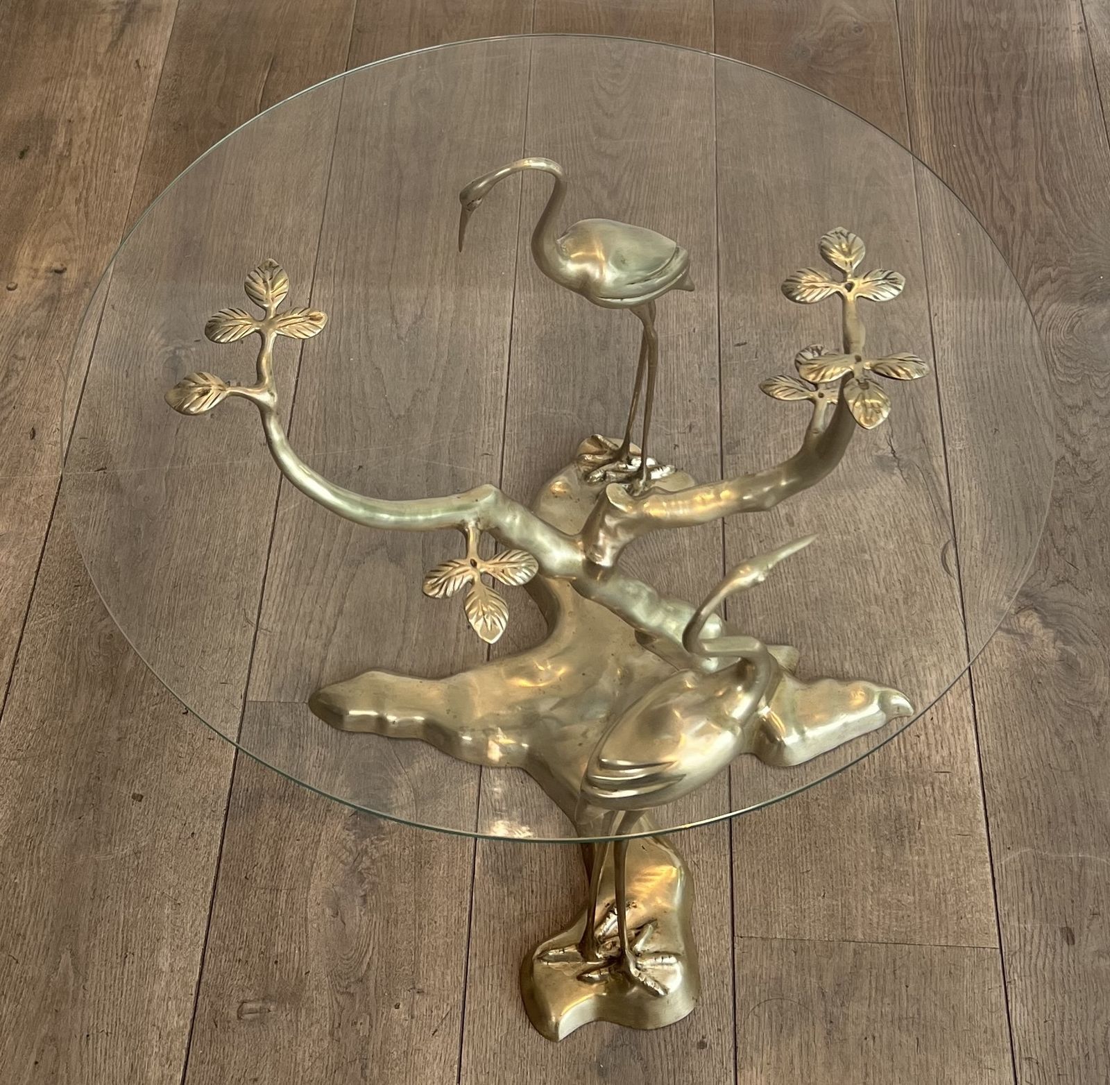 Willy Daro Brass Crane Model Coffee Table Surrounding A Bonsai Tree With Round Glass Top photo for sale