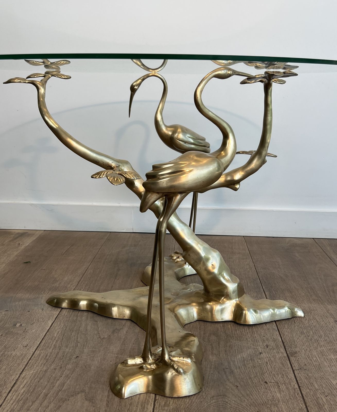 Willy Daro Brass Crane Model Coffee Table Surrounding A Bonsai Tree With Round Glass Top photo vinterior