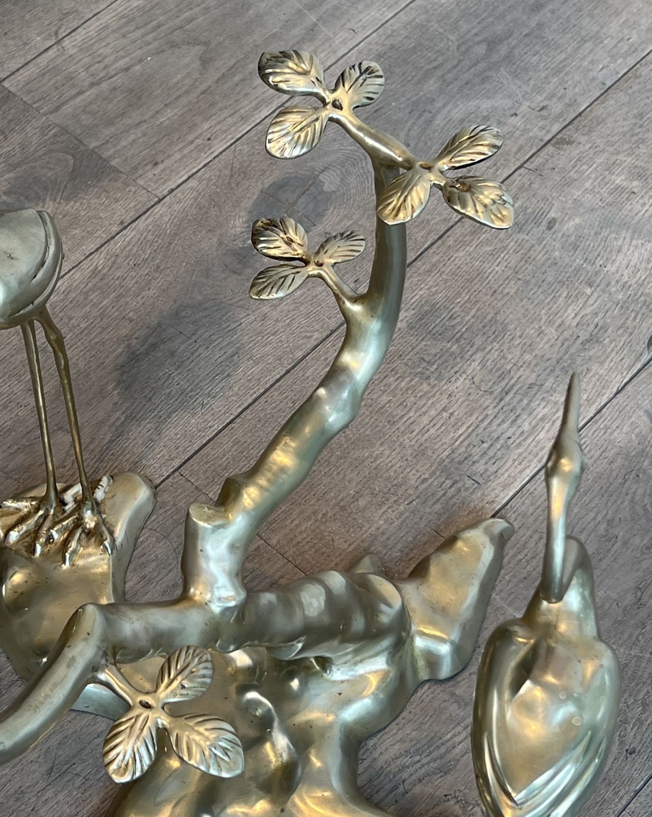 photo furniture Willy Daro Brass Crane Model Coffee Table Surrounding A Bonsai Tree With Round Glass Top