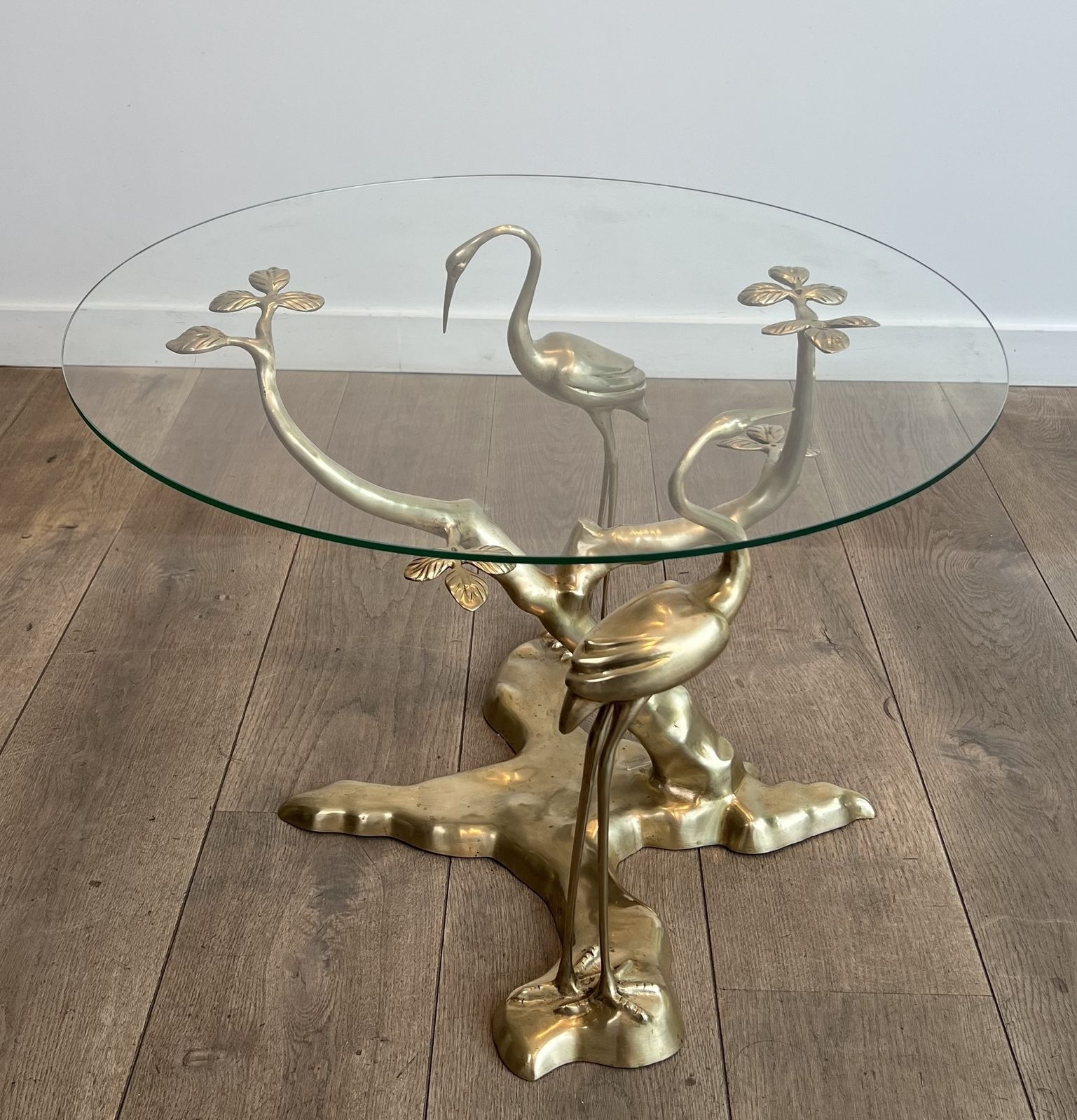 Furniture Willy Daro Brass Crane Model Coffee Table Surrounding A Bonsai Tree With Round Glass Top photo