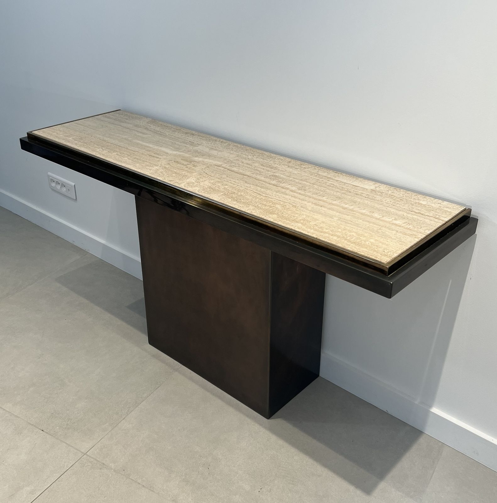 Gunmetal Patina Console With Travertine Top. French Work. Circa 1970 photo Furniture