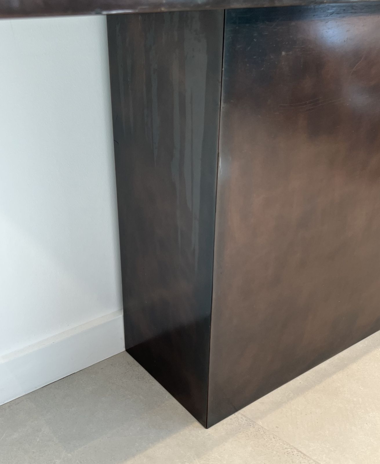 Gunmetal Patina Console With Travertine Top. French Work. Circa 1970 photo vinterior