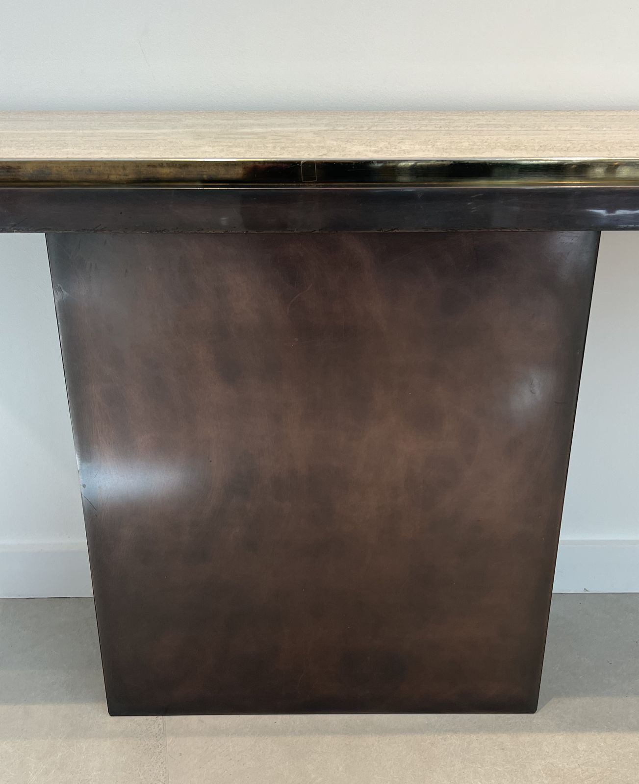 Gunmetal Patina Console With Travertine Top. French Work. Circa 1970 photo buy